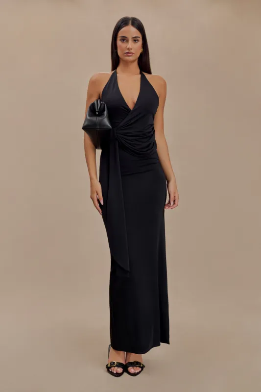 Tyla Draped Slinky Halter Maxi Dress - Black sold by Meshki