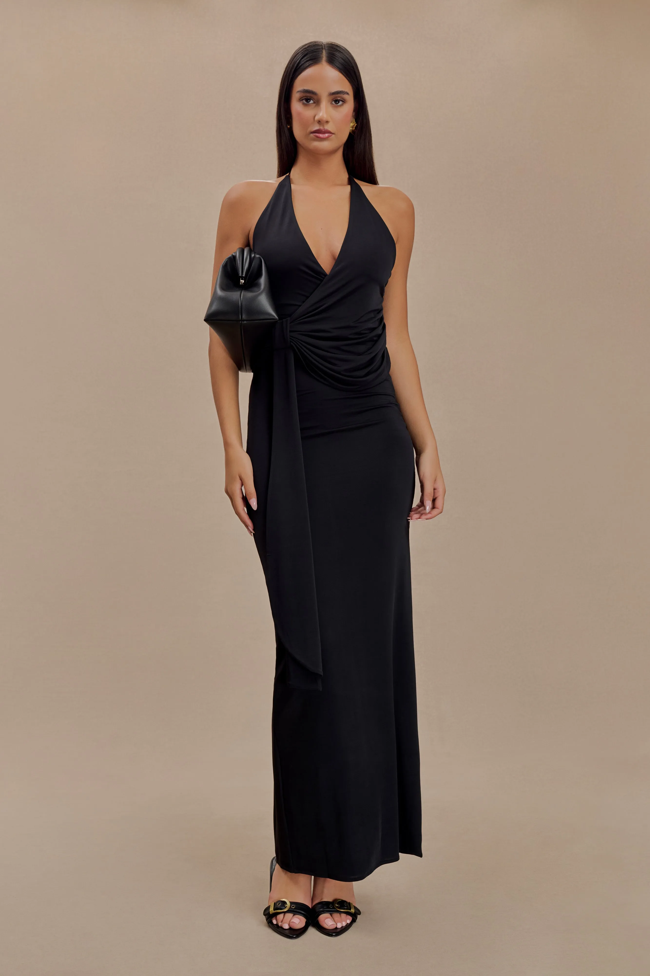 Tyla Draped Slinky Halter Maxi Dress - Black | Parallel