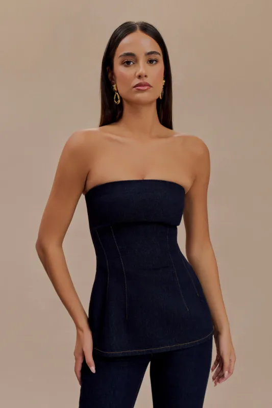 Madelyn Strapless Longline Denim Top - Indigo Blue sold by Meshki