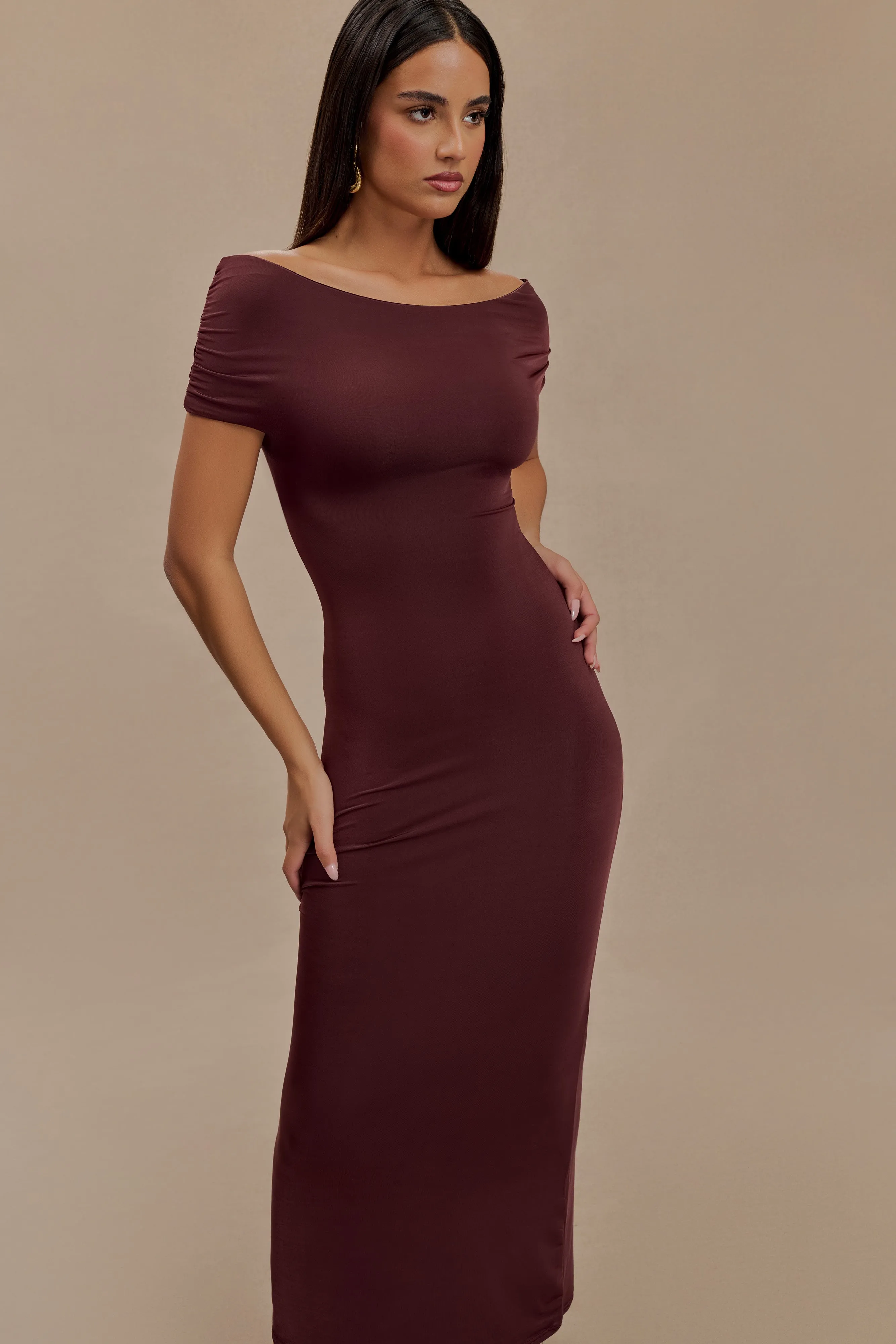 Imogen Off Shoulder Slinky Maxi Dress - Mahogany sold by Meshki product image thumbnail 3