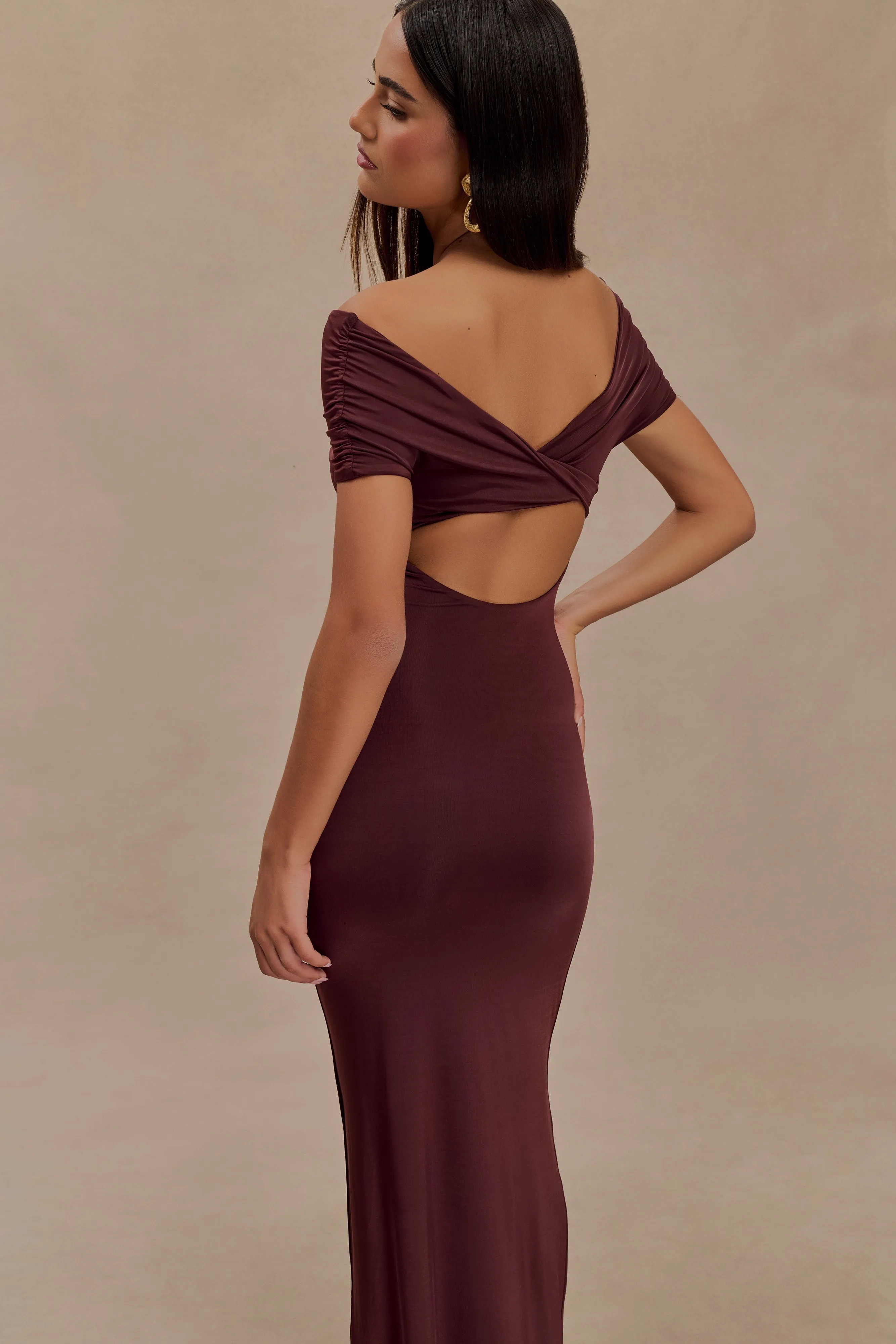 Imogen Off Shoulder Slinky Maxi Dress - Mahogany sold by Meshki product image thumbnail 4