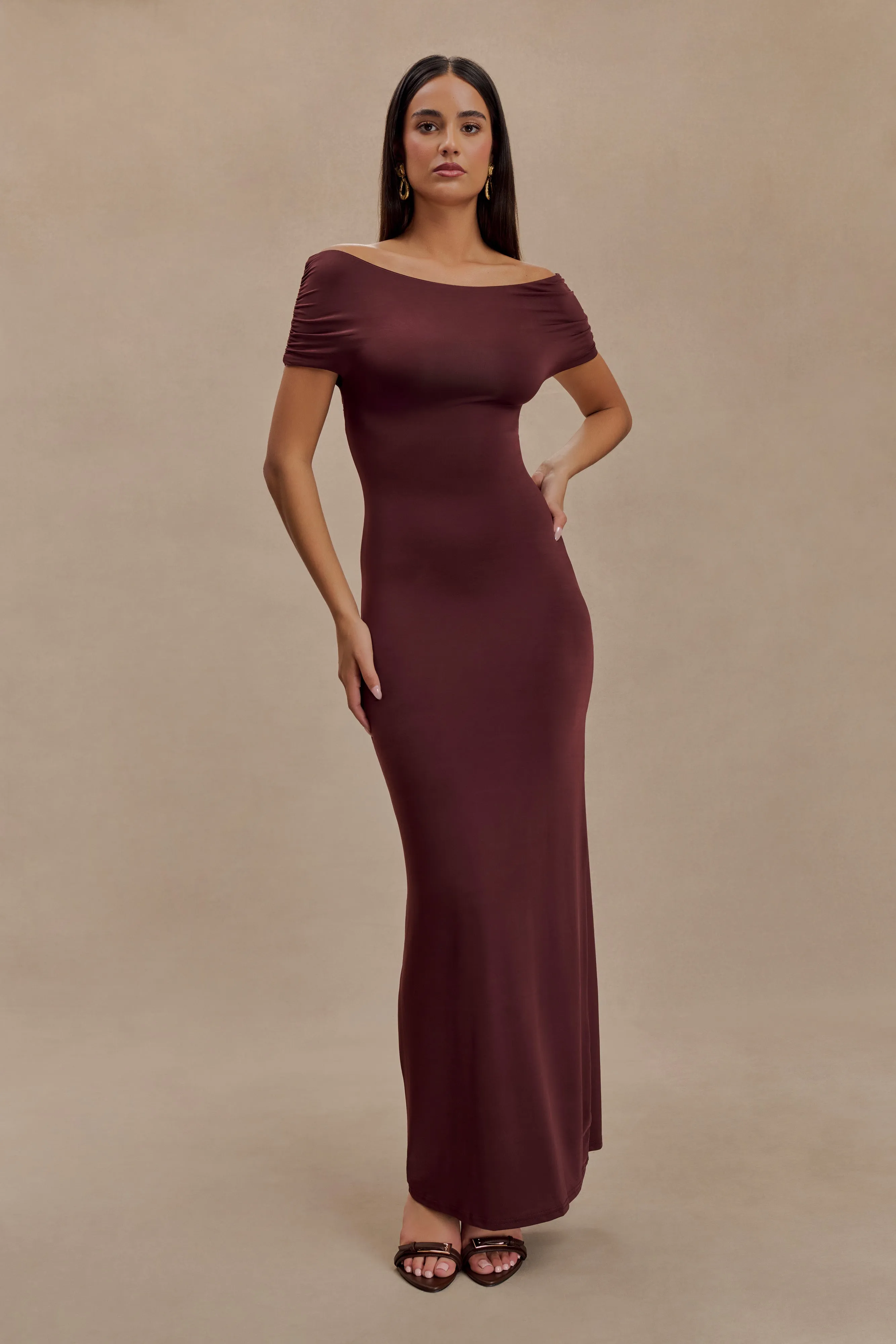 Imogen Off Shoulder Slinky Maxi Dress - Mahogany sold by Meshki