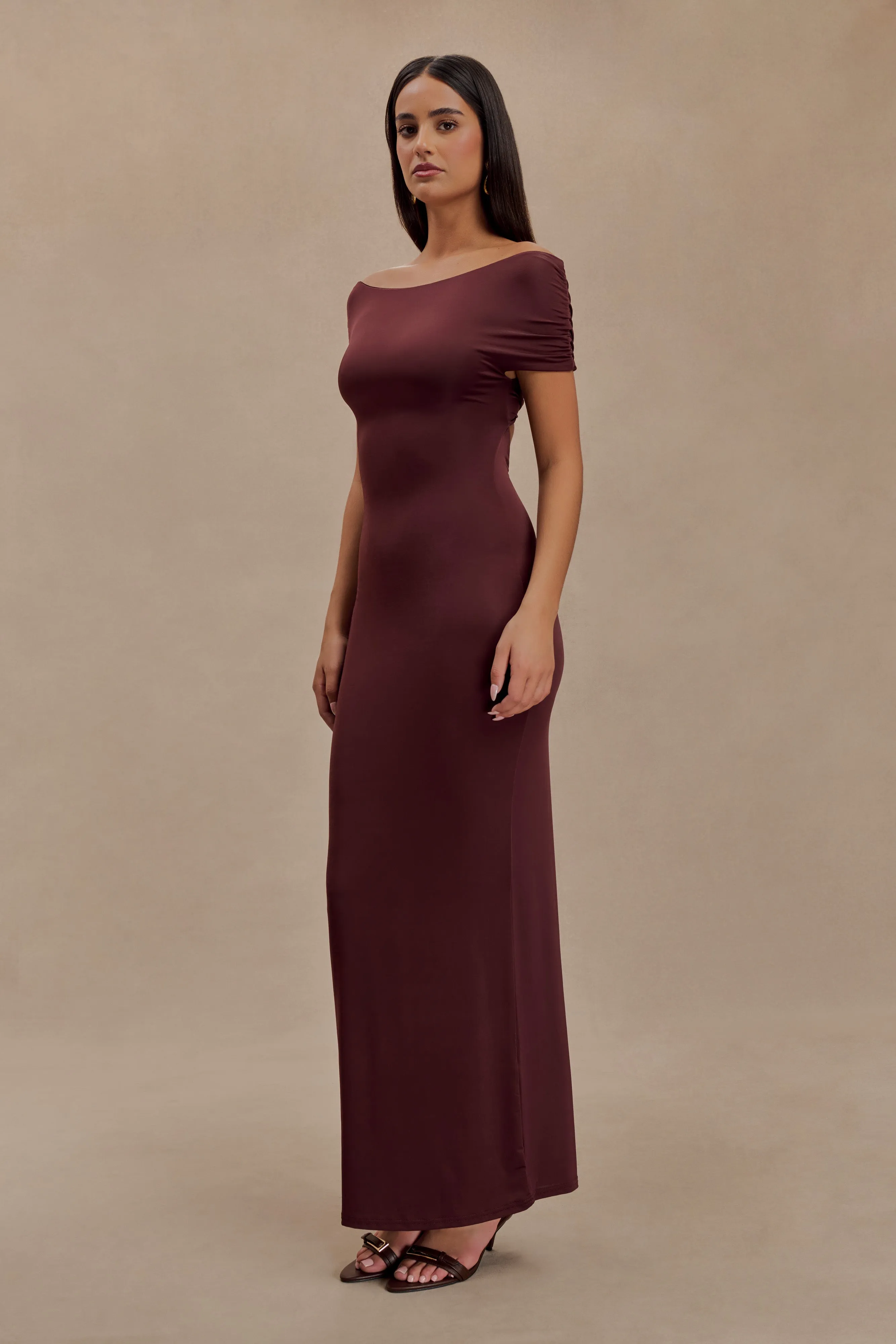 Imogen Off Shoulder Slinky Maxi Dress - Mahogany sold by Meshki product image thumbnail 5