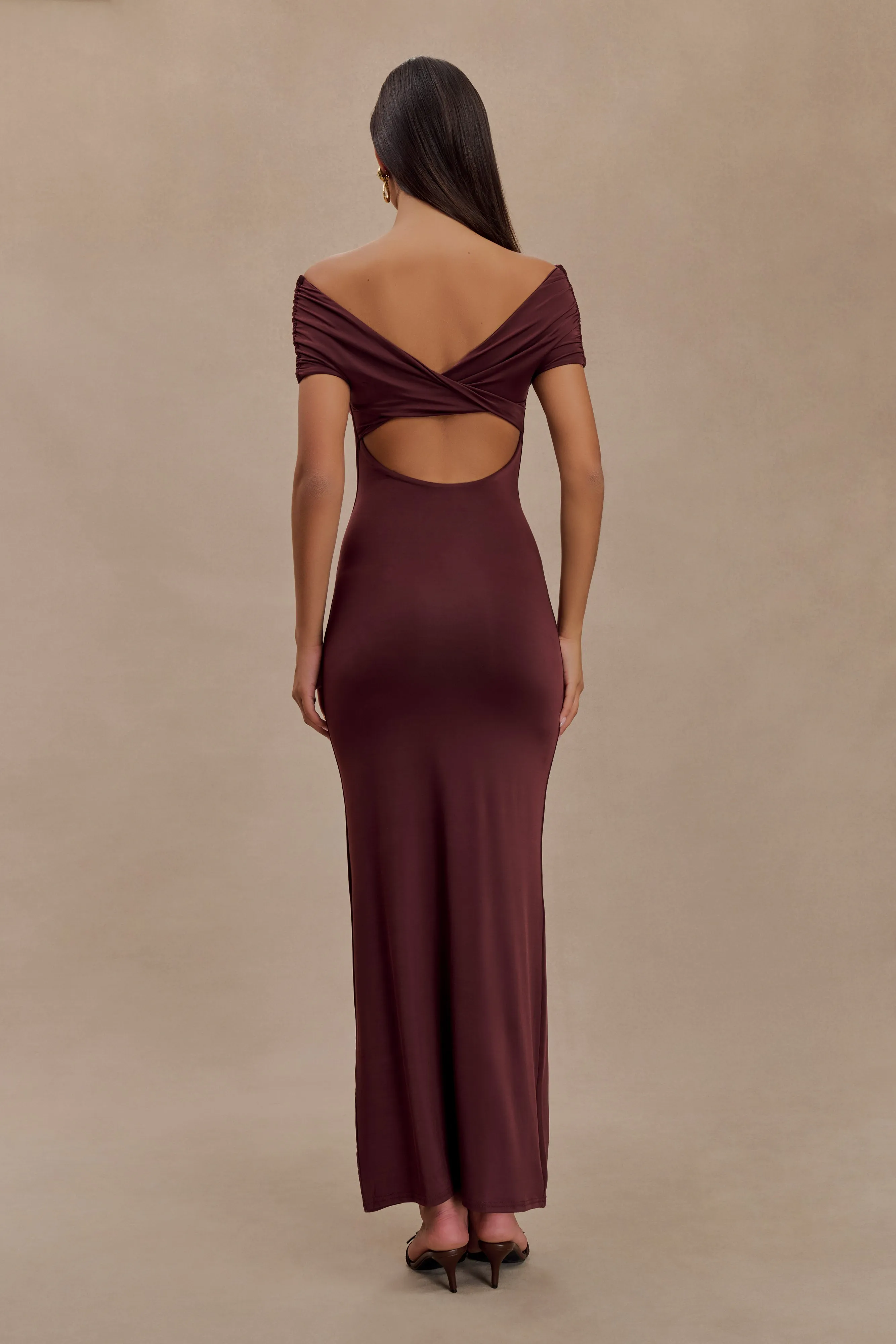 Imogen Off Shoulder Slinky Maxi Dress - Mahogany sold by Meshki product image thumbnail 2