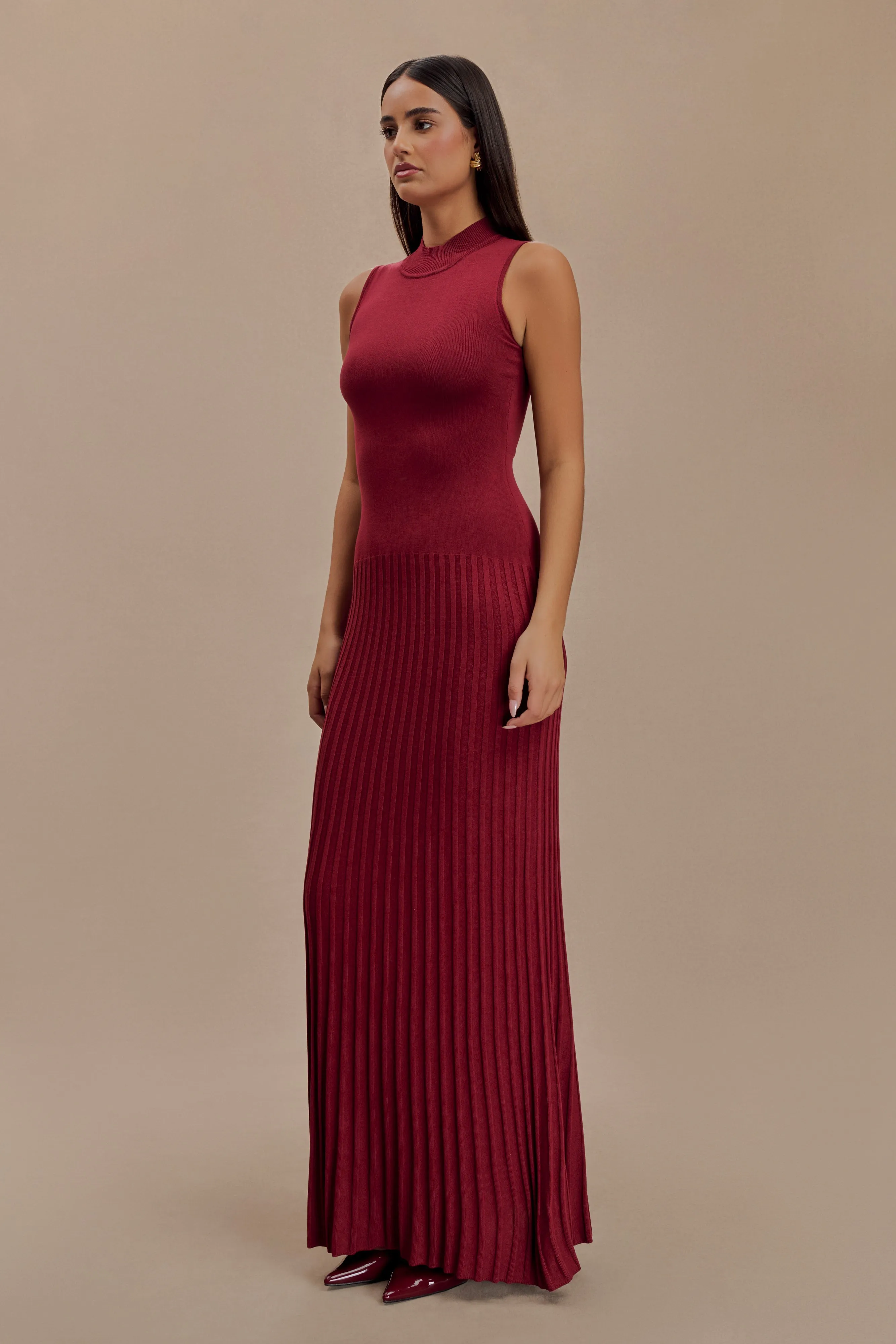 Mavis High Neck Pleated Maxi Dress - Mahogany sold by Meshki product image thumbnail 4