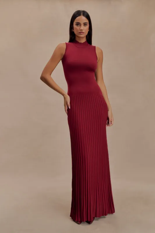 Mavis High Neck Pleated Maxi Dress - Mahogany sold by Meshki