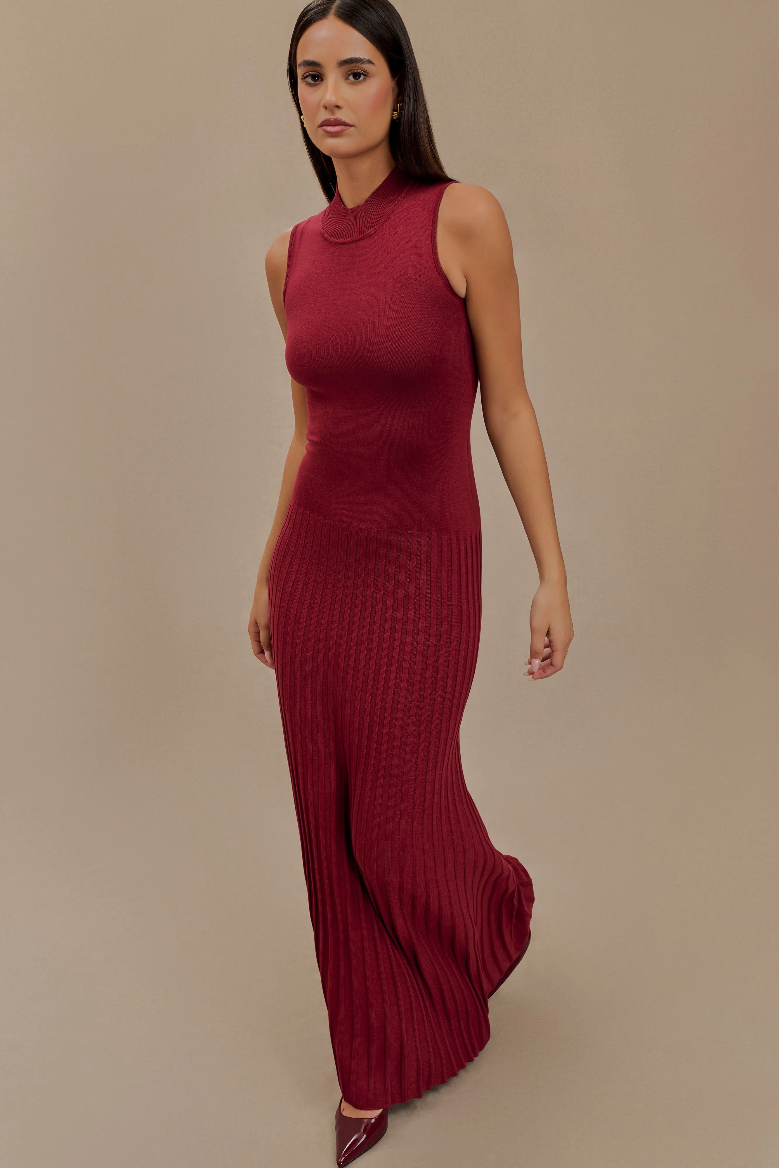 Mavis High Neck Pleated Maxi Dress - Mahogany sold by Meshki product image thumbnail 5
