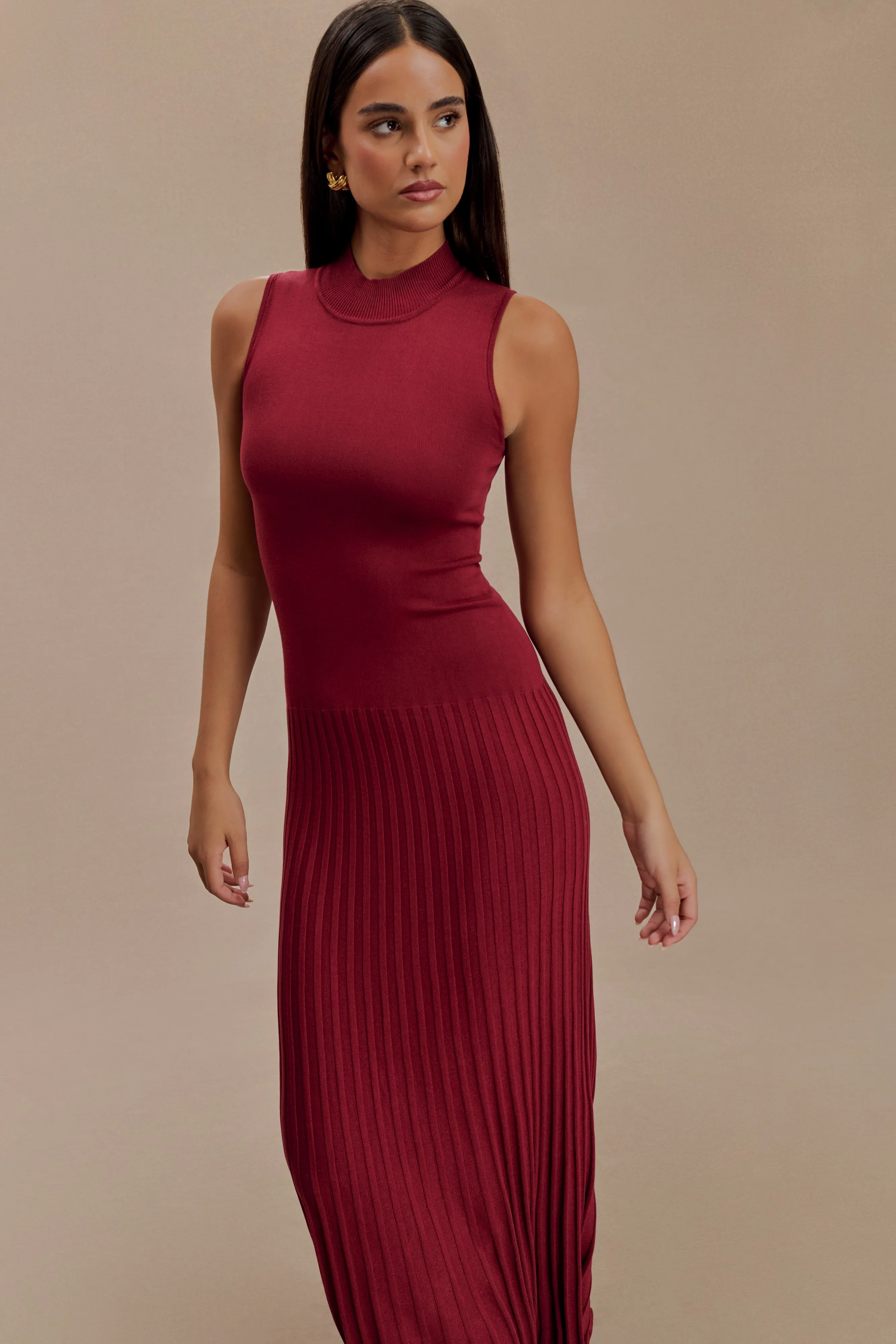 Mavis High Neck Pleated Maxi Dress - Mahogany sold by Meshki product image thumbnail 3
