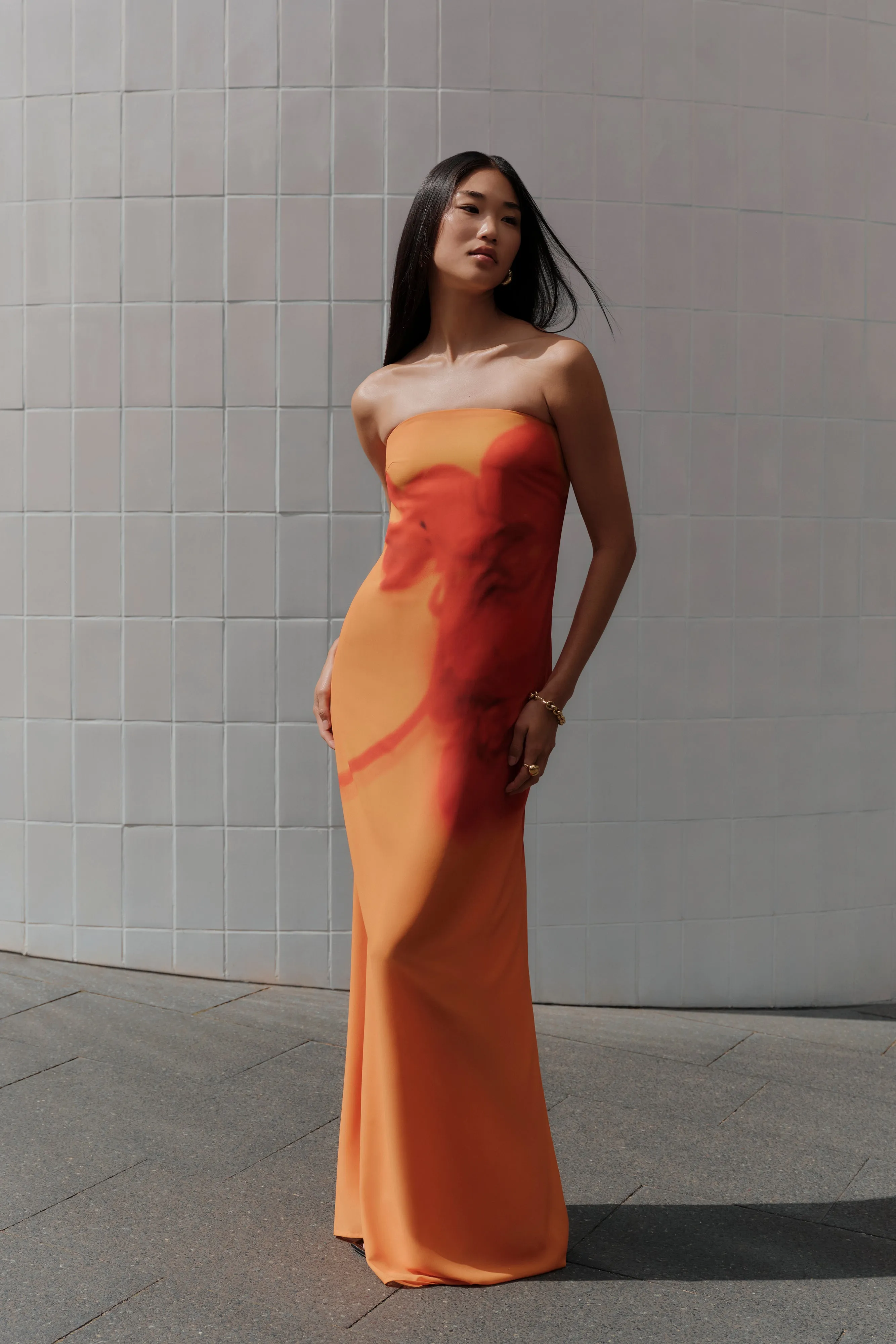 Amaya Strapless Chiffon Maxi Dress - Koi Orchid Print sold by Meshki