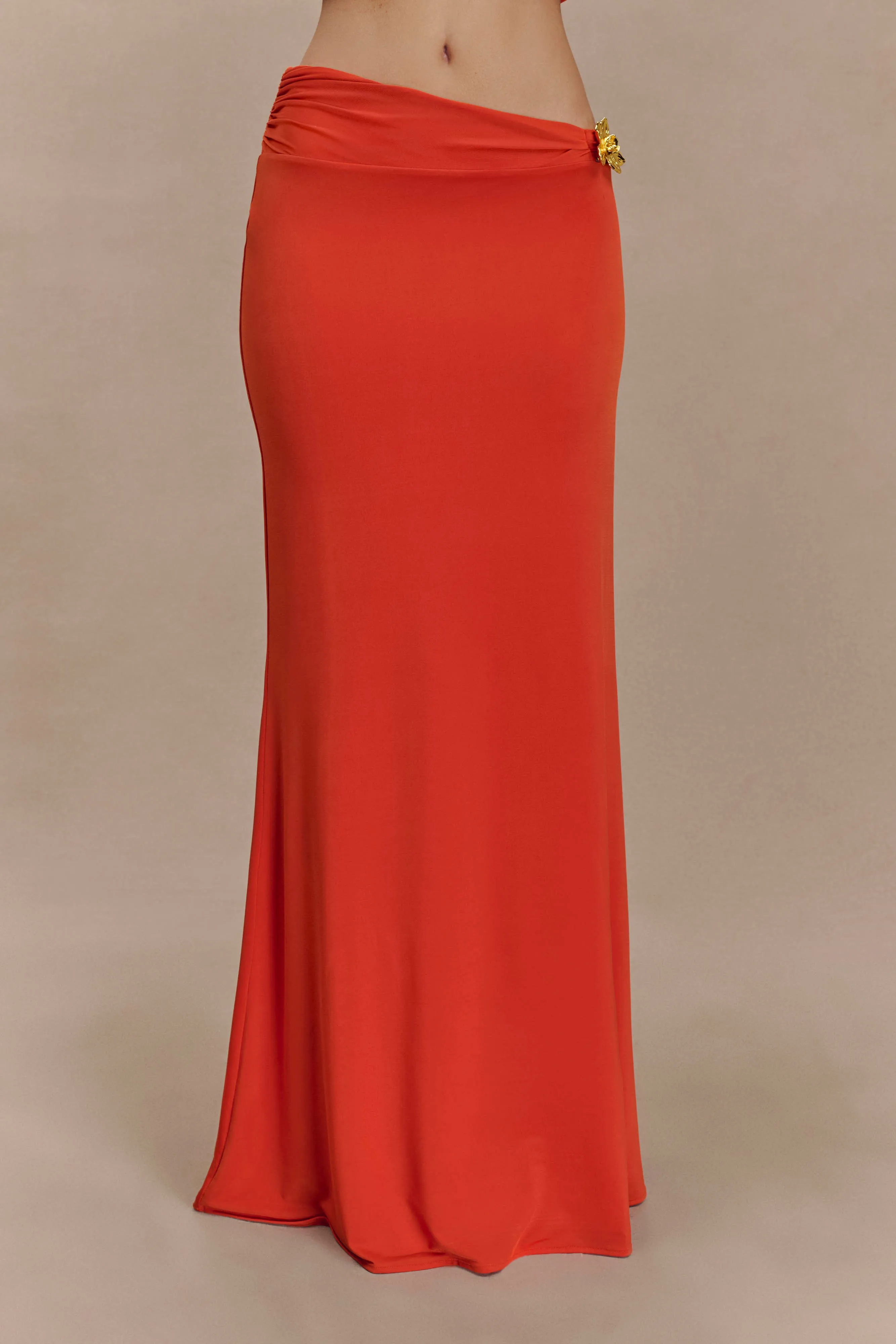 Ainsley Asymmetrical Maxi Skirt With Floral Hardware - Burnt Orange sold by Meshki product image thumbnail 5