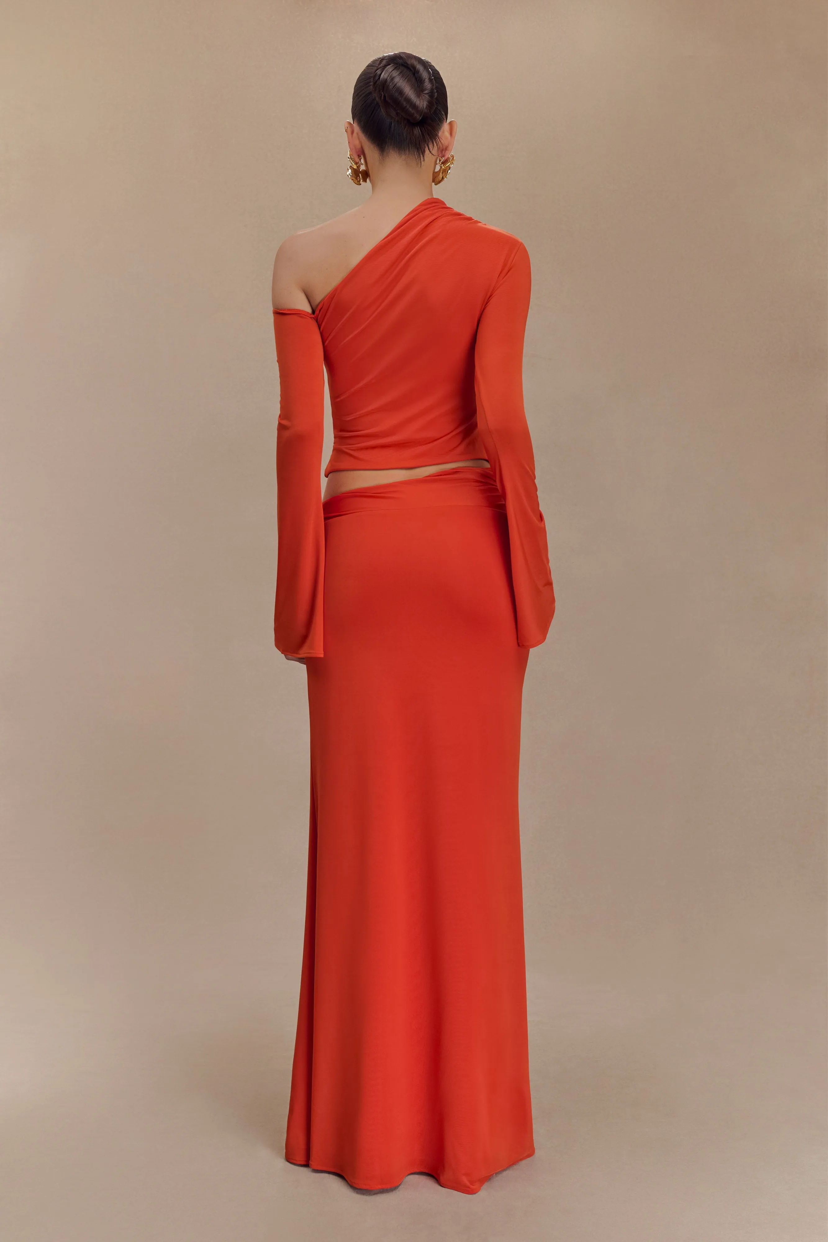 Ainsley Asymmetrical Maxi Skirt With Floral Hardware - Burnt Orange sold by Meshki product image thumbnail 2