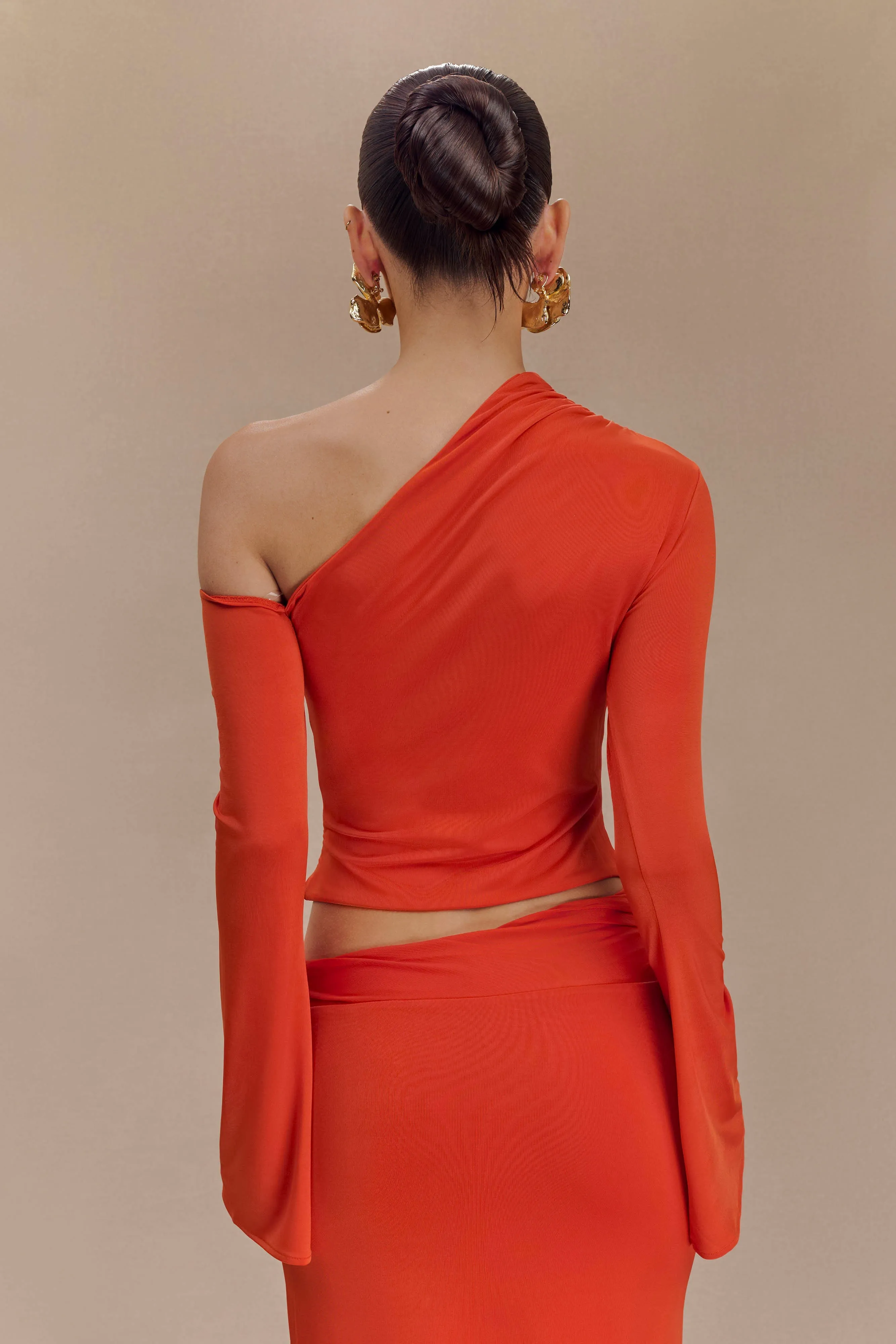 Ainsley Asymmetrical Long Sleeve Top With Floral Hardware - Burnt Orange sold by Meshki product image thumbnail 2