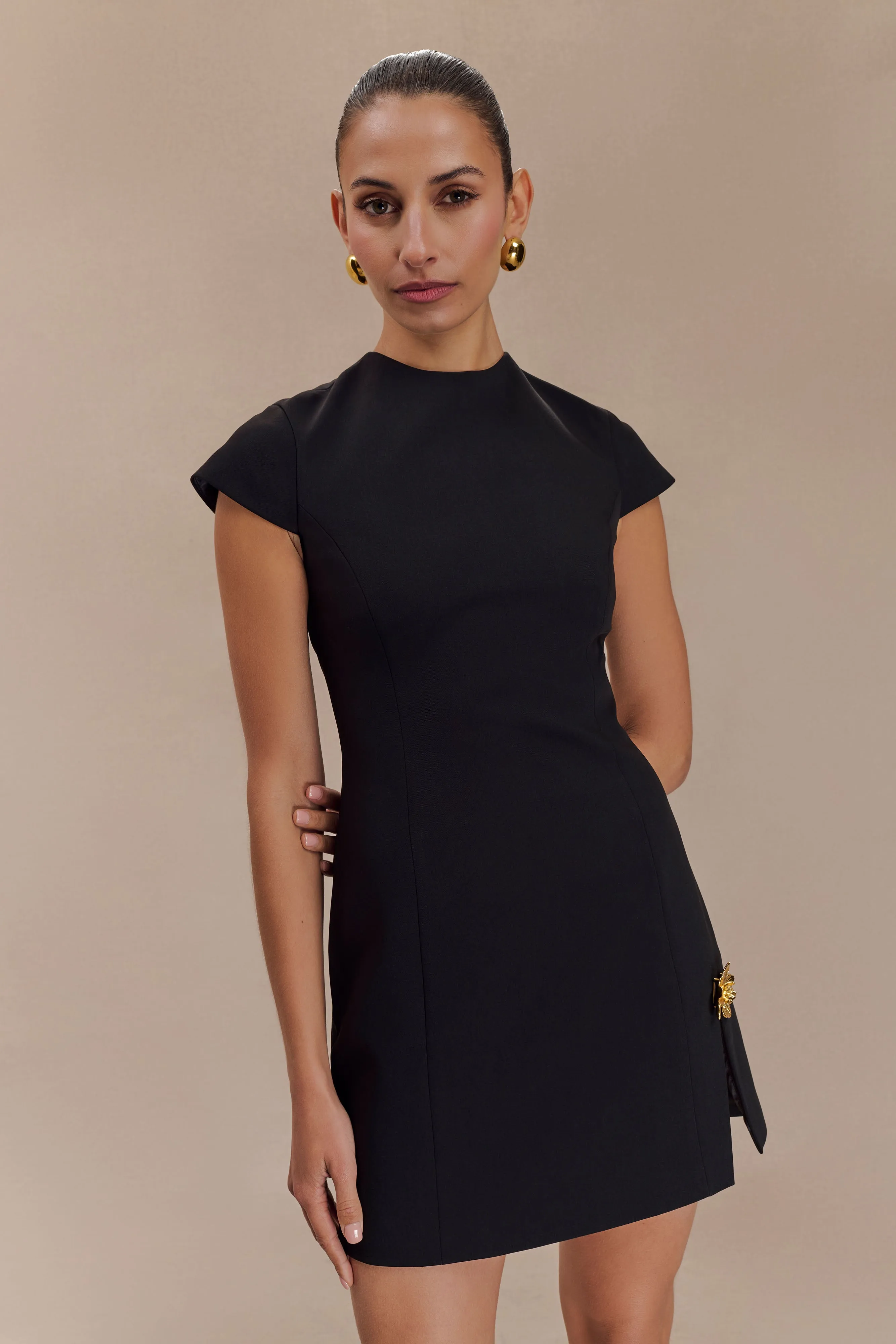 Remi Suiting Mini Dress With Floral Hardware - Black sold by Meshki product image thumbnail 5