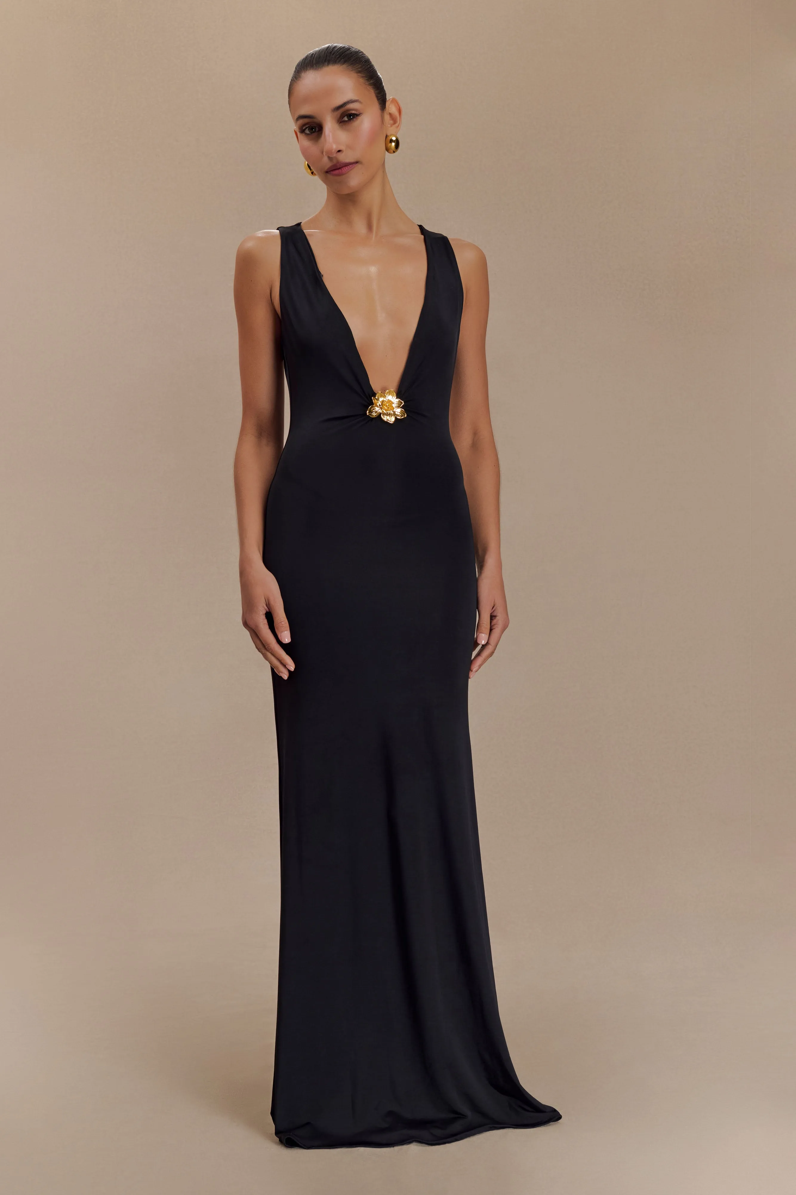 Beck Plunge Maxi Dress With Floral Hardware - Black sold by Meshki product image thumbnail 4