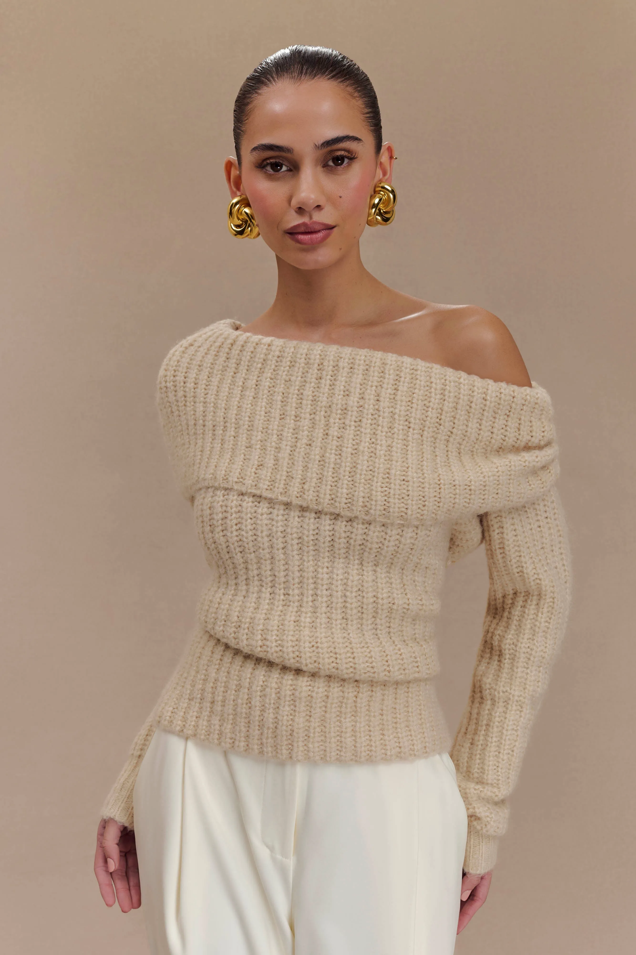 Alicia Off Shoulder Knit Top - Cream sold by Meshki