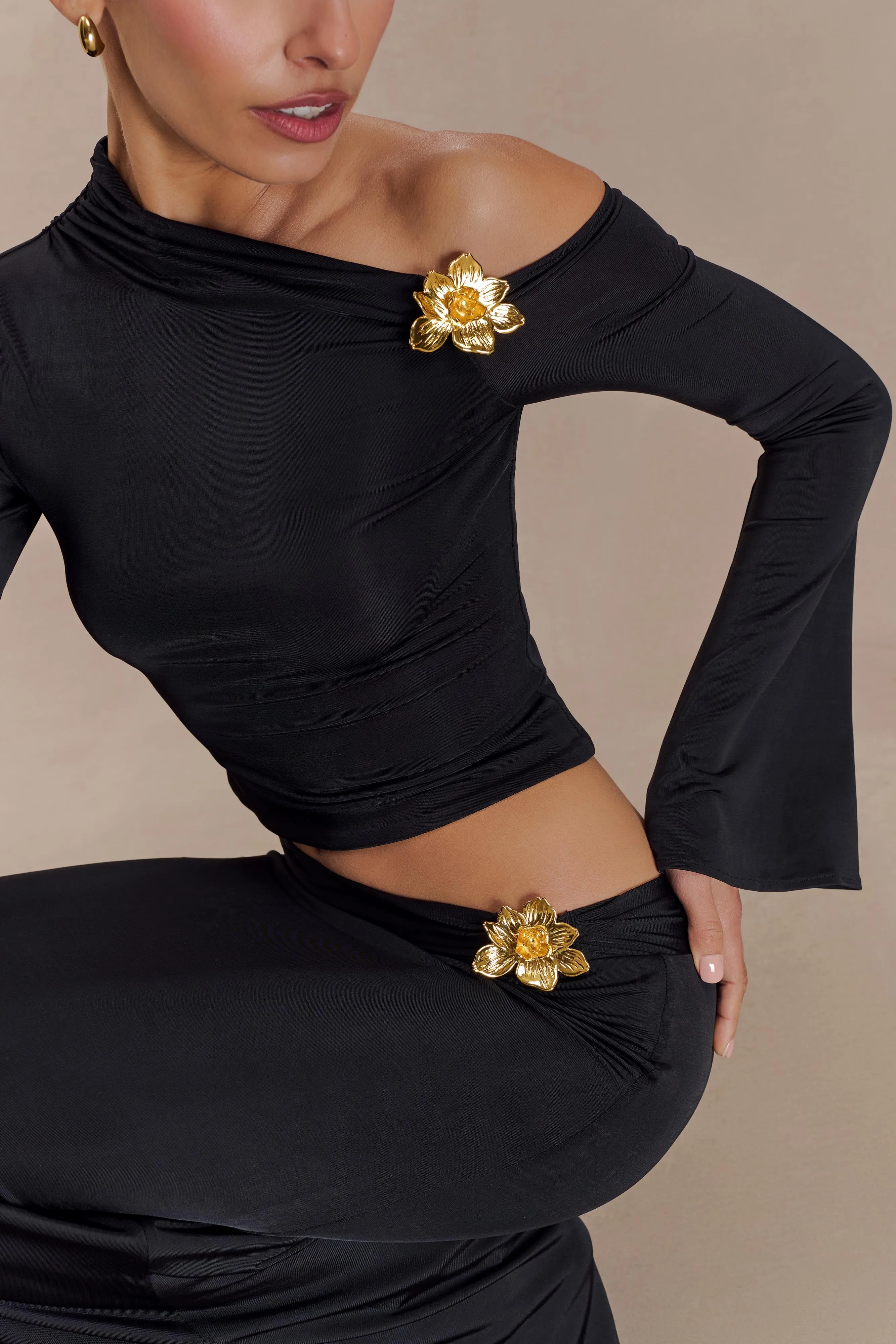 Ainsley Asymmetrical Long Sleeve Top With Floral Hardware - Black sold by Meshki product image thumbnail 3