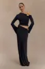 Ainsley Asymmetrical Long Sleeve Top With Floral Hardware - Black sold by Meshki