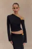 Ainsley Asymmetrical Long Sleeve Top With Floral Hardware - Black sold by Meshki