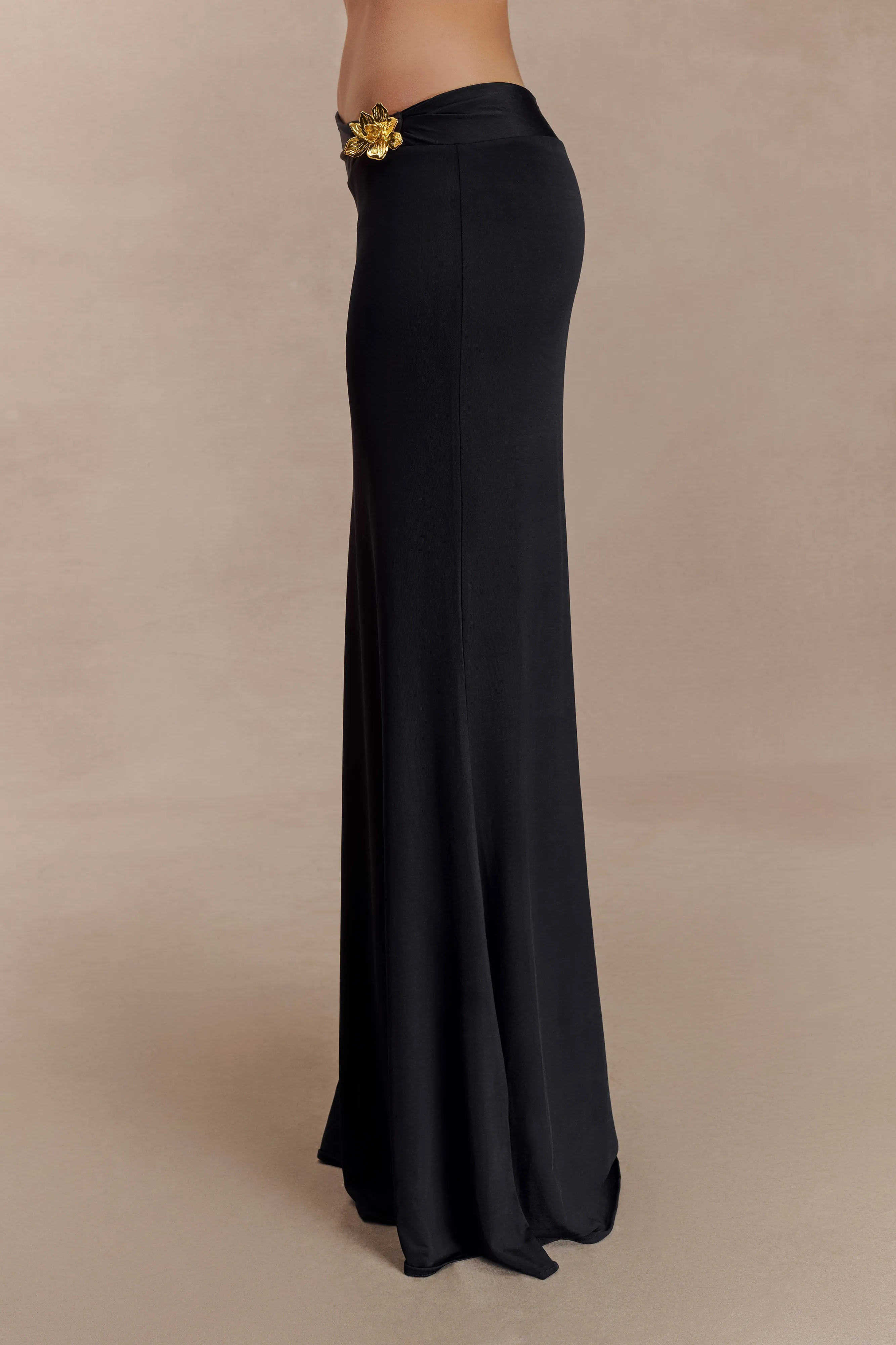 Ainsley Asymmetrical Maxi Skirt With Floral Hardware - Black sold by Meshki product image thumbnail 4