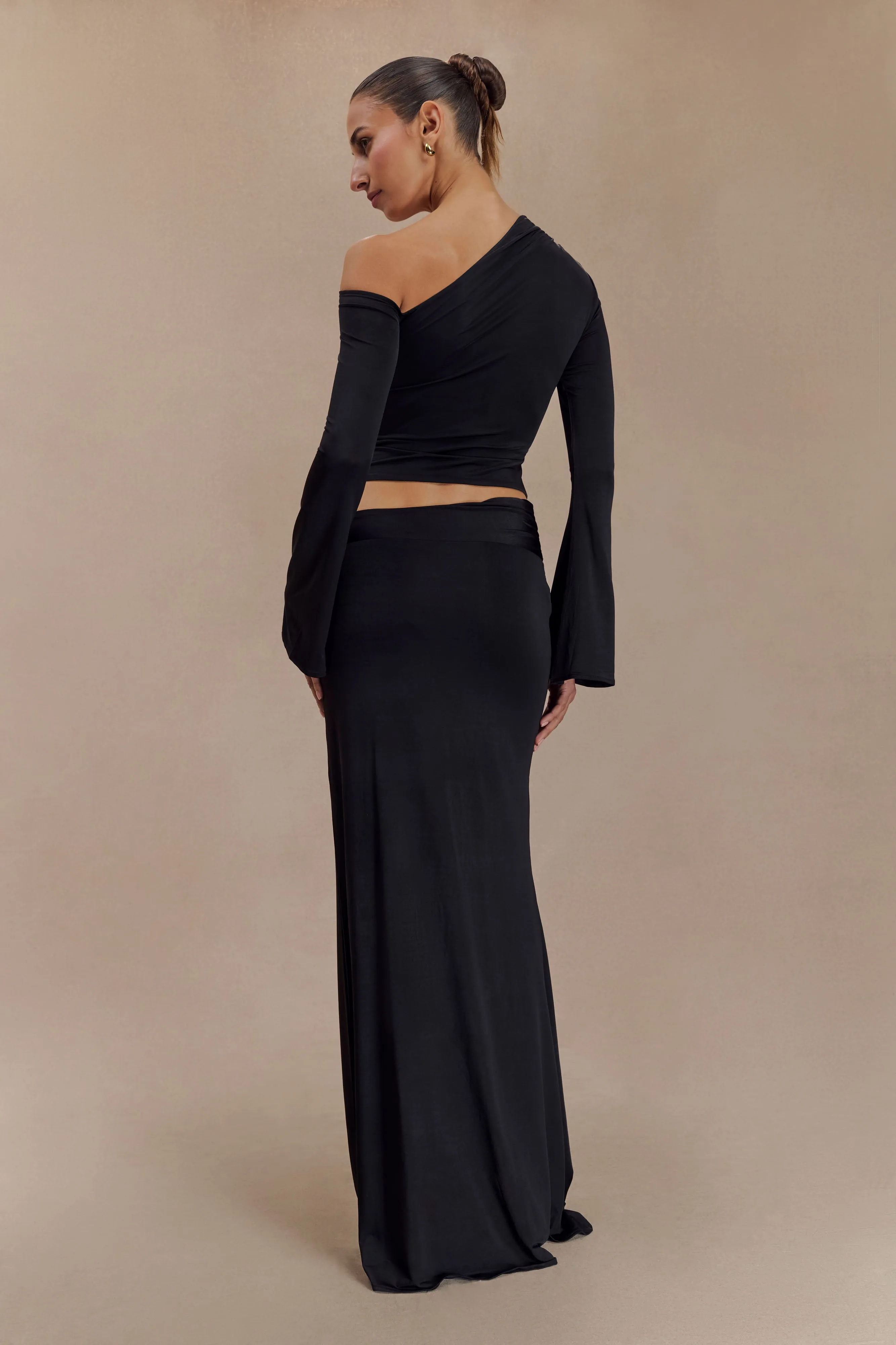 Ainsley Asymmetrical Maxi Skirt With Floral Hardware - Black sold by Meshki product image thumbnail 2