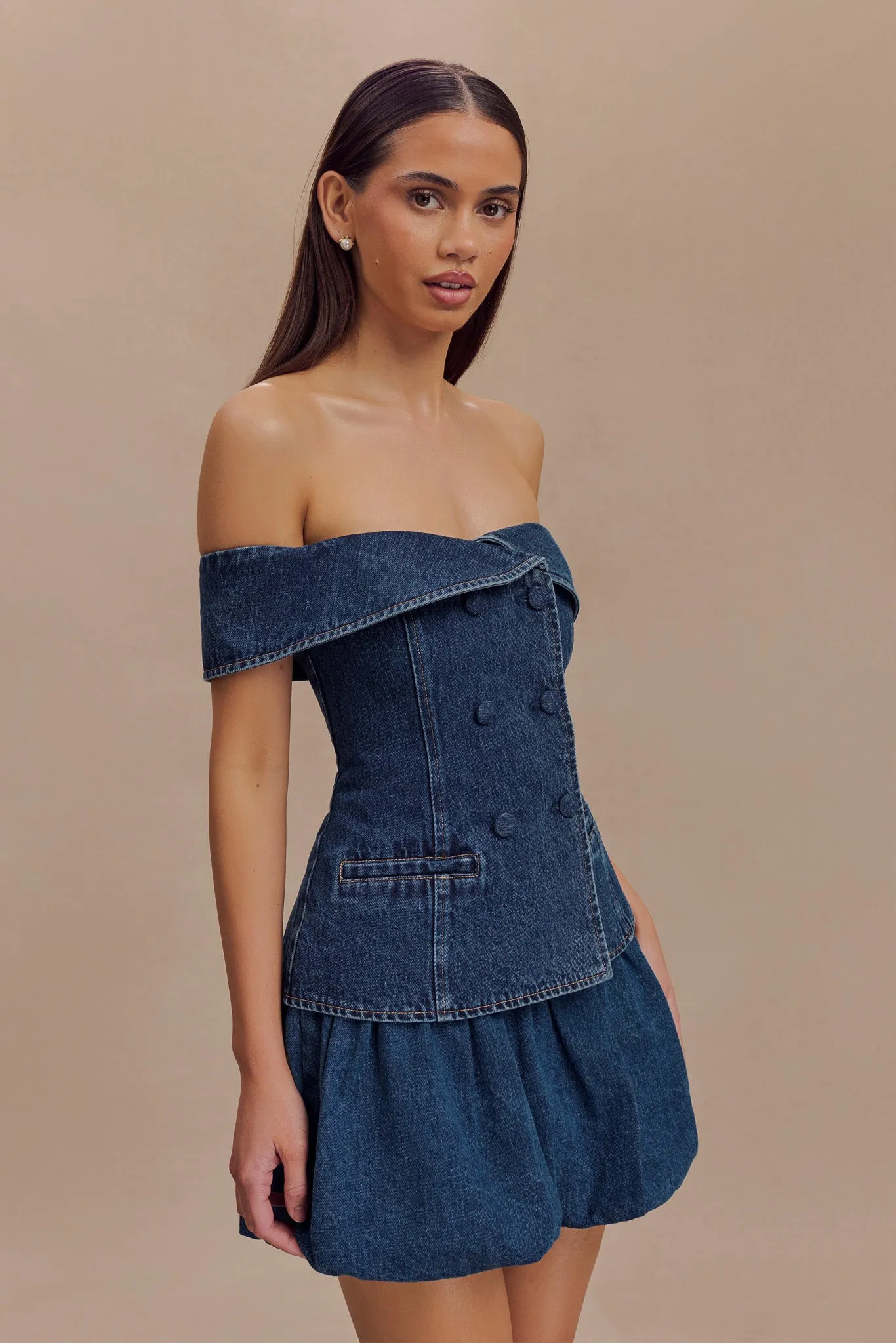Krista Denim Off Shoulder Top - Dark Blue sold by Meshki product image thumbnail 4