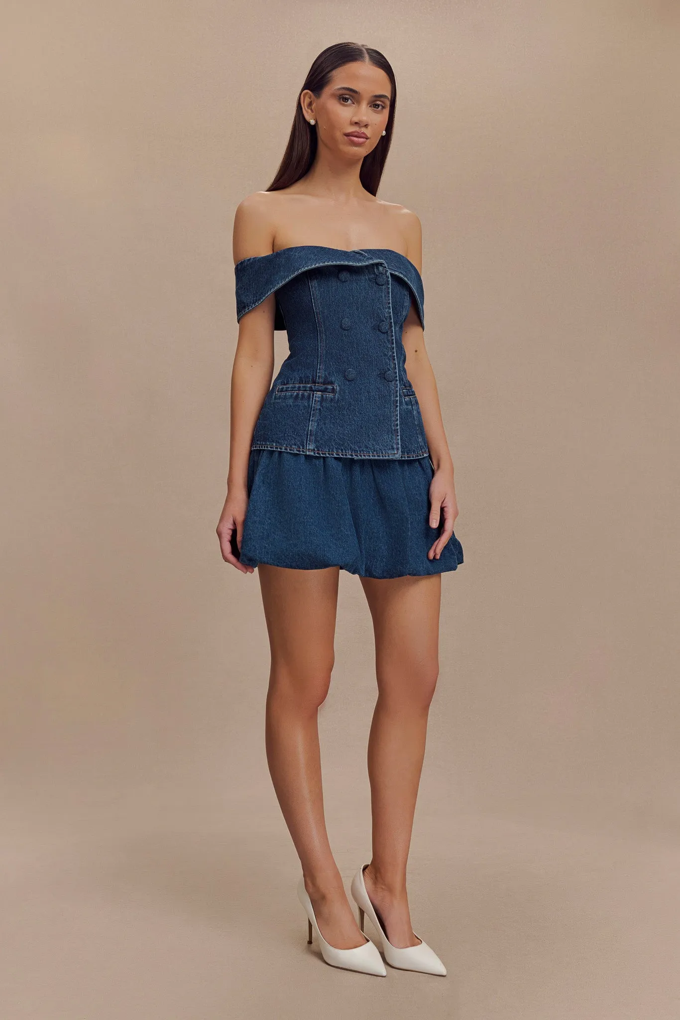 Krista Denim Off Shoulder Top - Dark Blue sold by Meshki product image thumbnail 5