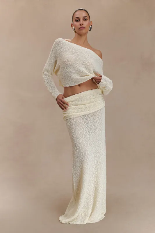 Petra Ruched Knit Maxi Skirt - Ivory sold by Meshki