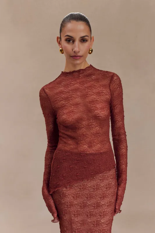 Riley Sheer Lace Long Sleeve Top - Chilli made by Meshki