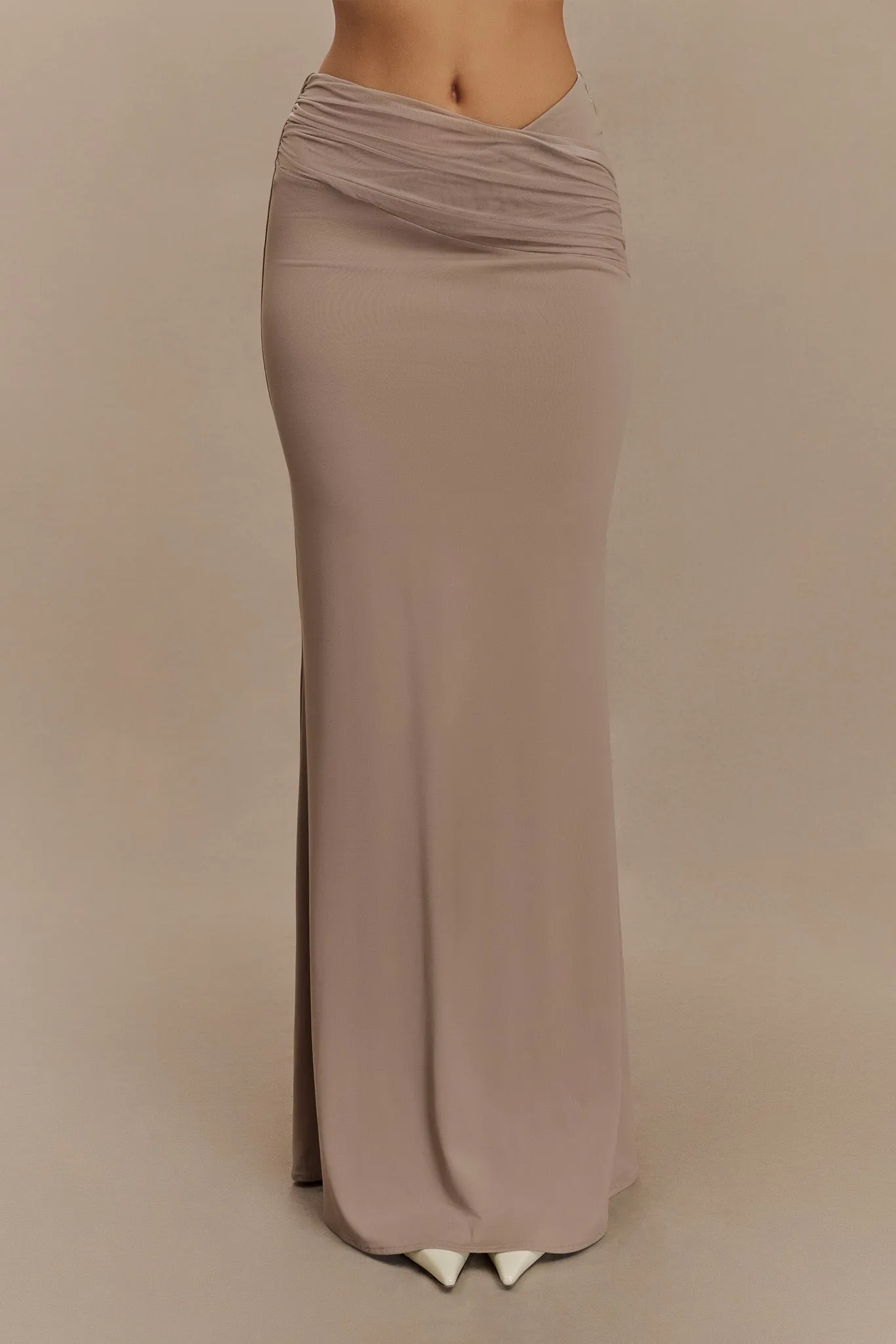Jules Recycled Nylon And Mesh Maxi Skirt - Taupe sold by Meshki