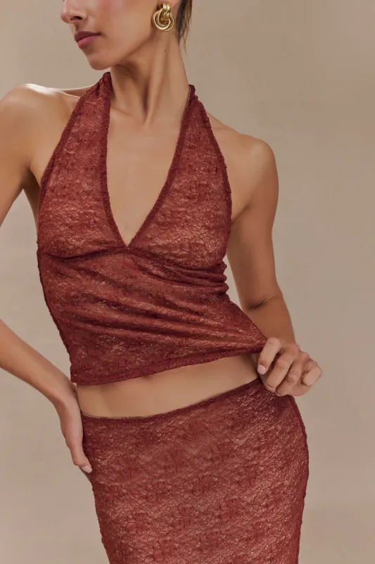 Asher Sheer Lace Halter Top - Chilli sold by Meshki
