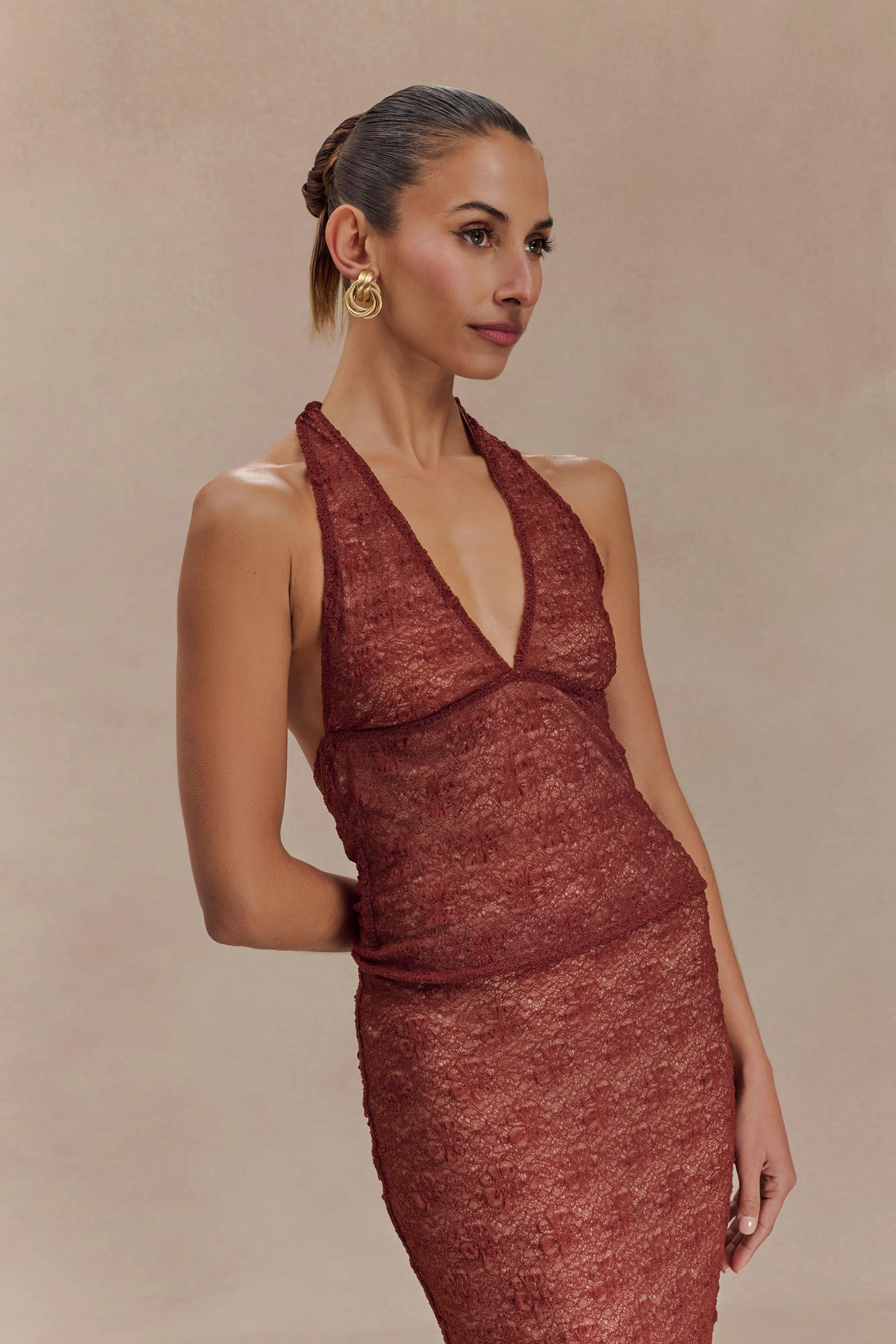 Asher Sheer Lace Halter Top - Chilli sold by Meshki product image thumbnail 3