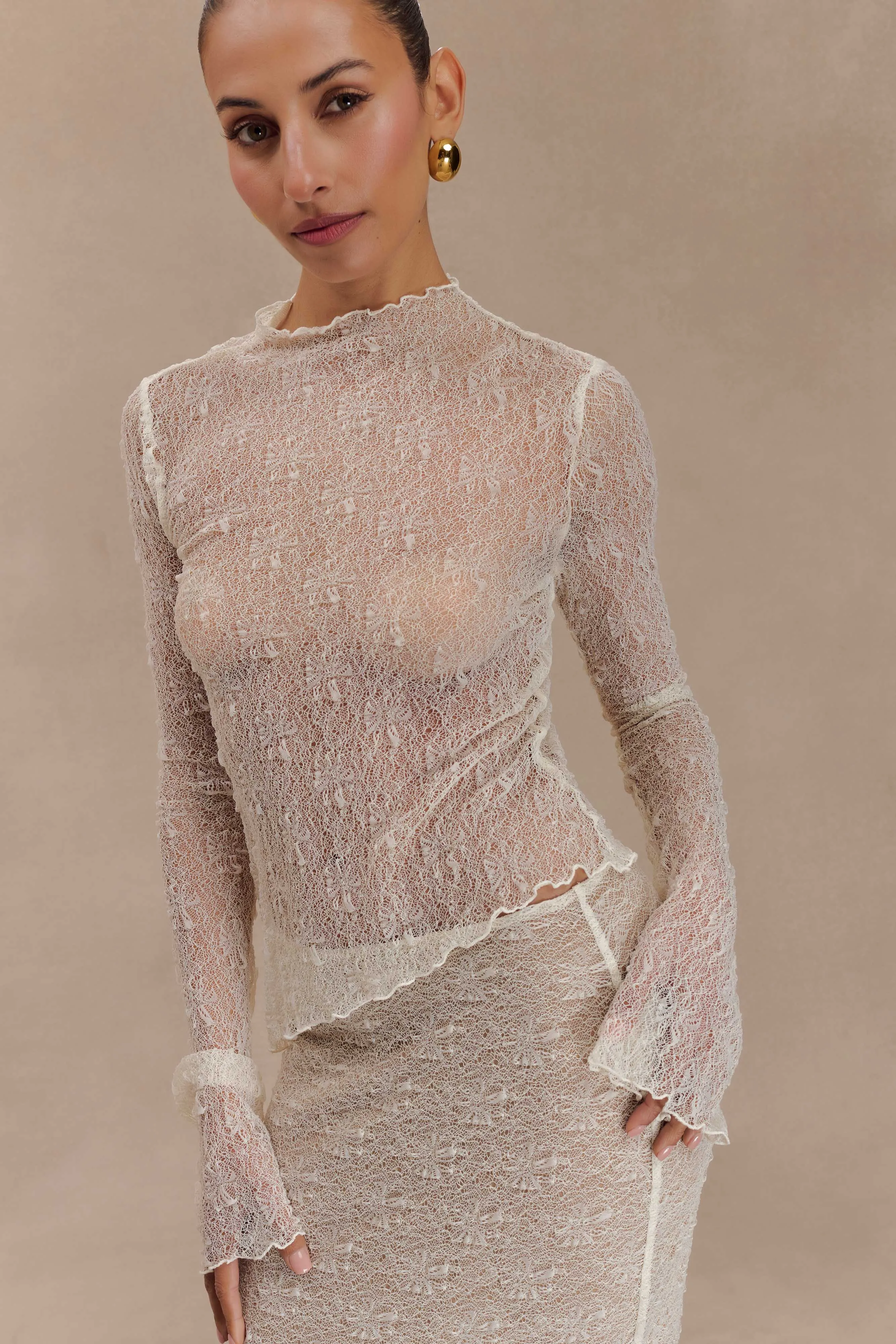 Riley Sheer Lace Long Sleeve Top - Ivory sold by Meshki product image thumbnail 4