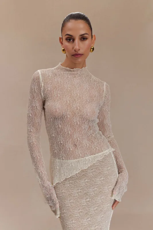 Riley Sheer Lace Long Sleeve Top - Ivory made by Meshki