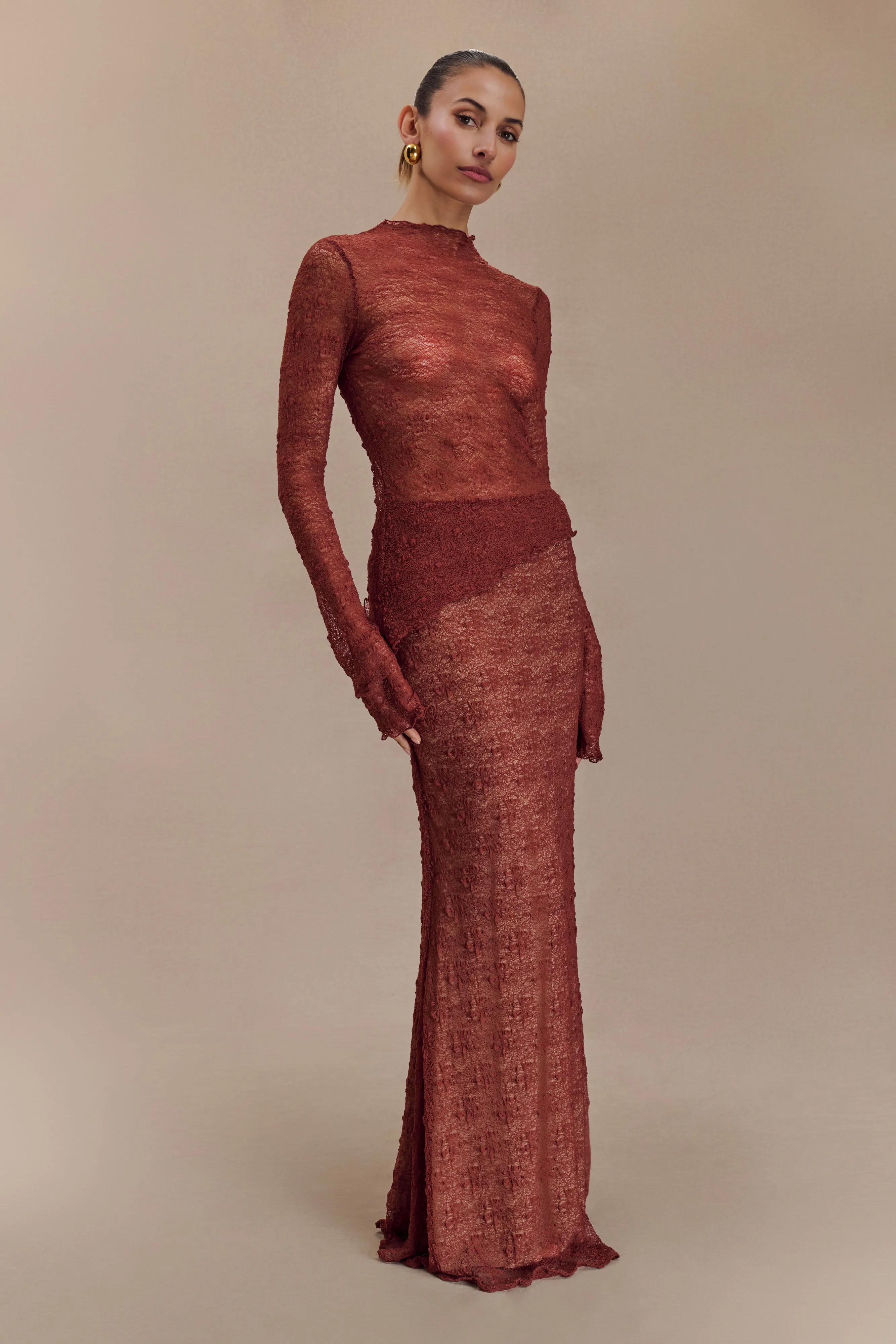 Robyn Sheer Lace Maxi Skirt - Chilli sold by Meshki product image thumbnail 4