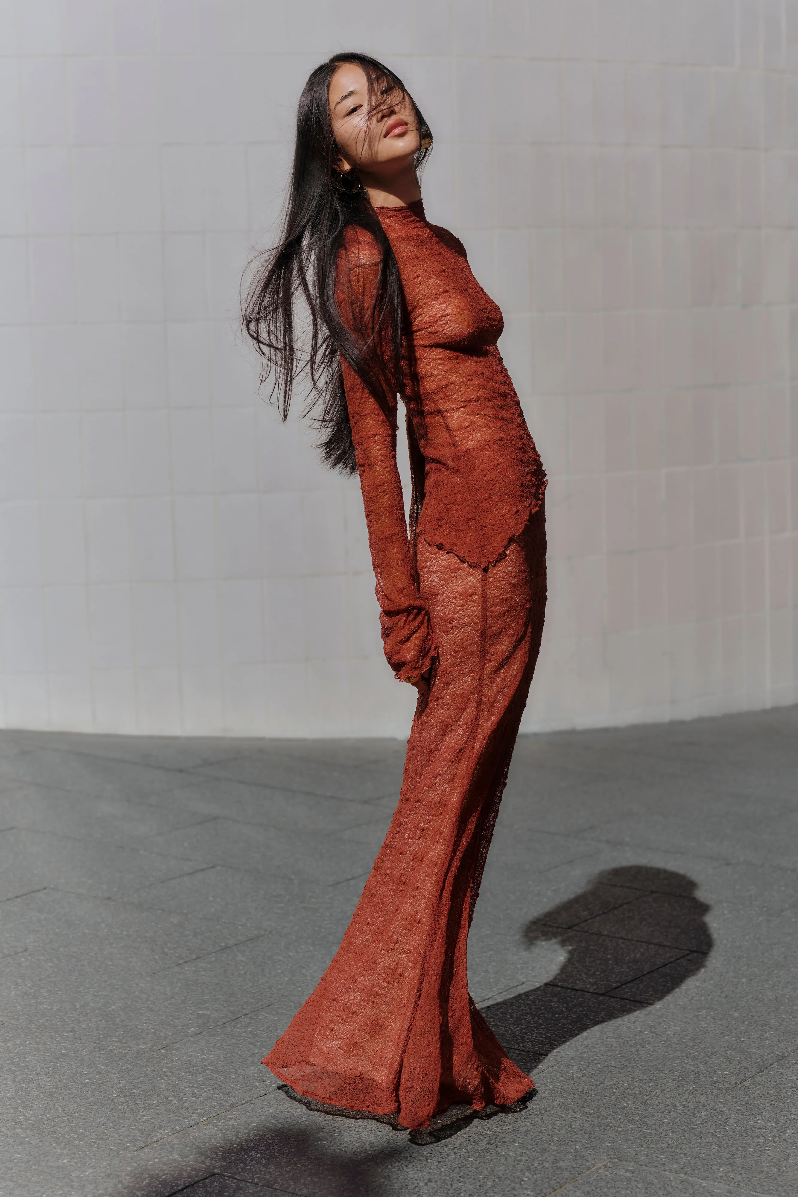 Robyn Sheer Lace Maxi Skirt - Chilli sold by Meshki