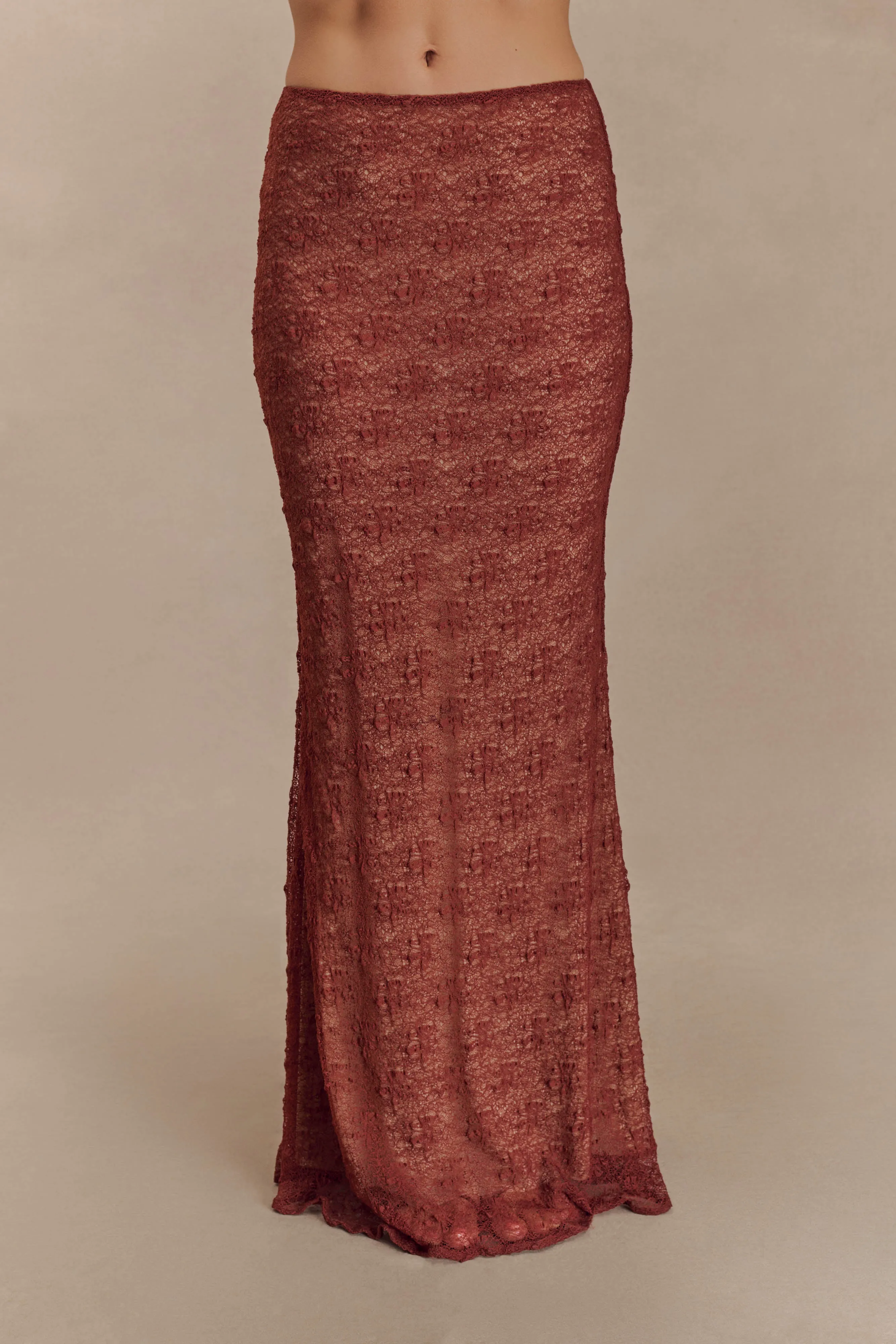 Robyn Sheer Lace Maxi Skirt - Chilli sold by Meshki product image thumbnail 5