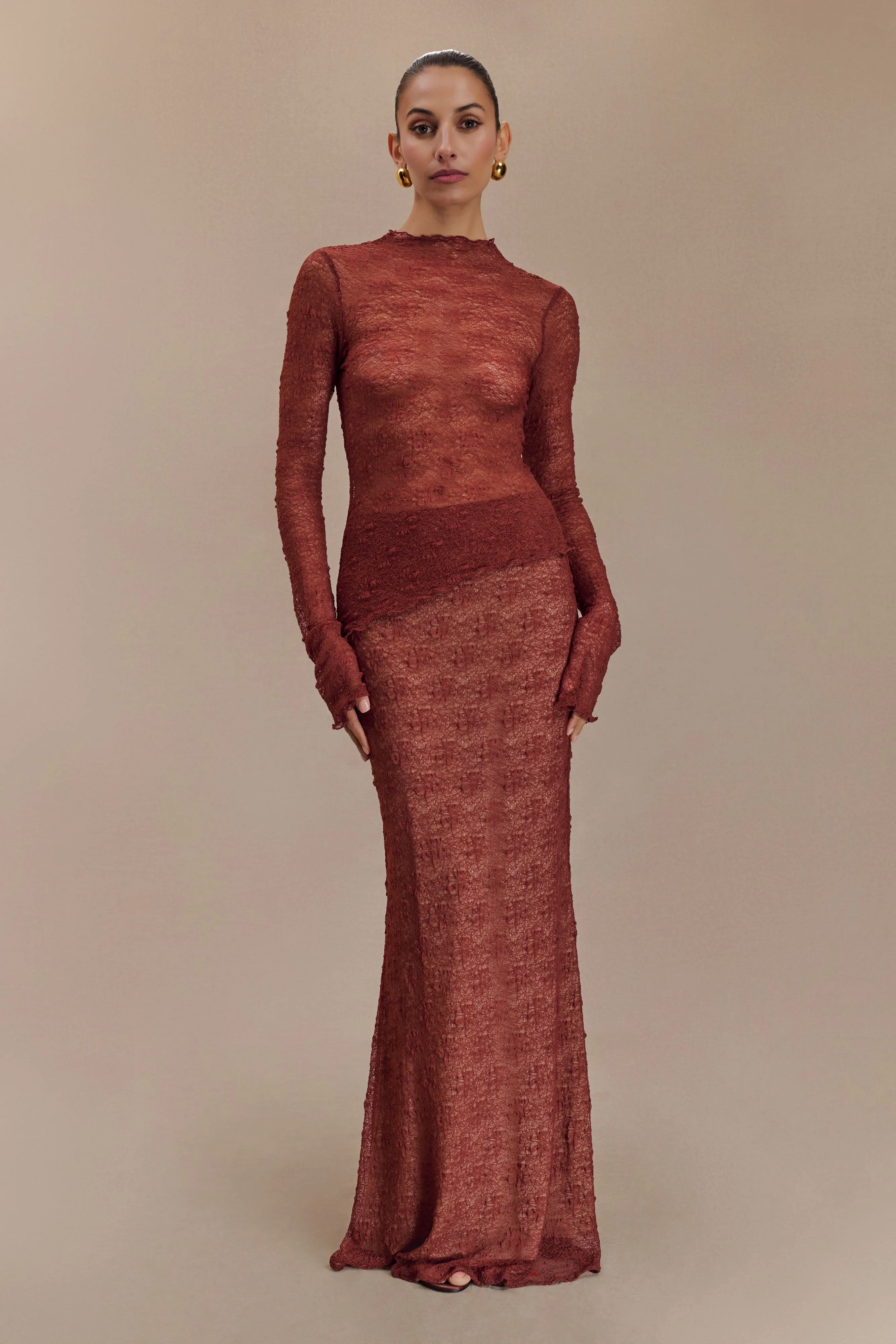 Robyn Sheer Lace Maxi Skirt - Chilli sold by Meshki product image thumbnail 2