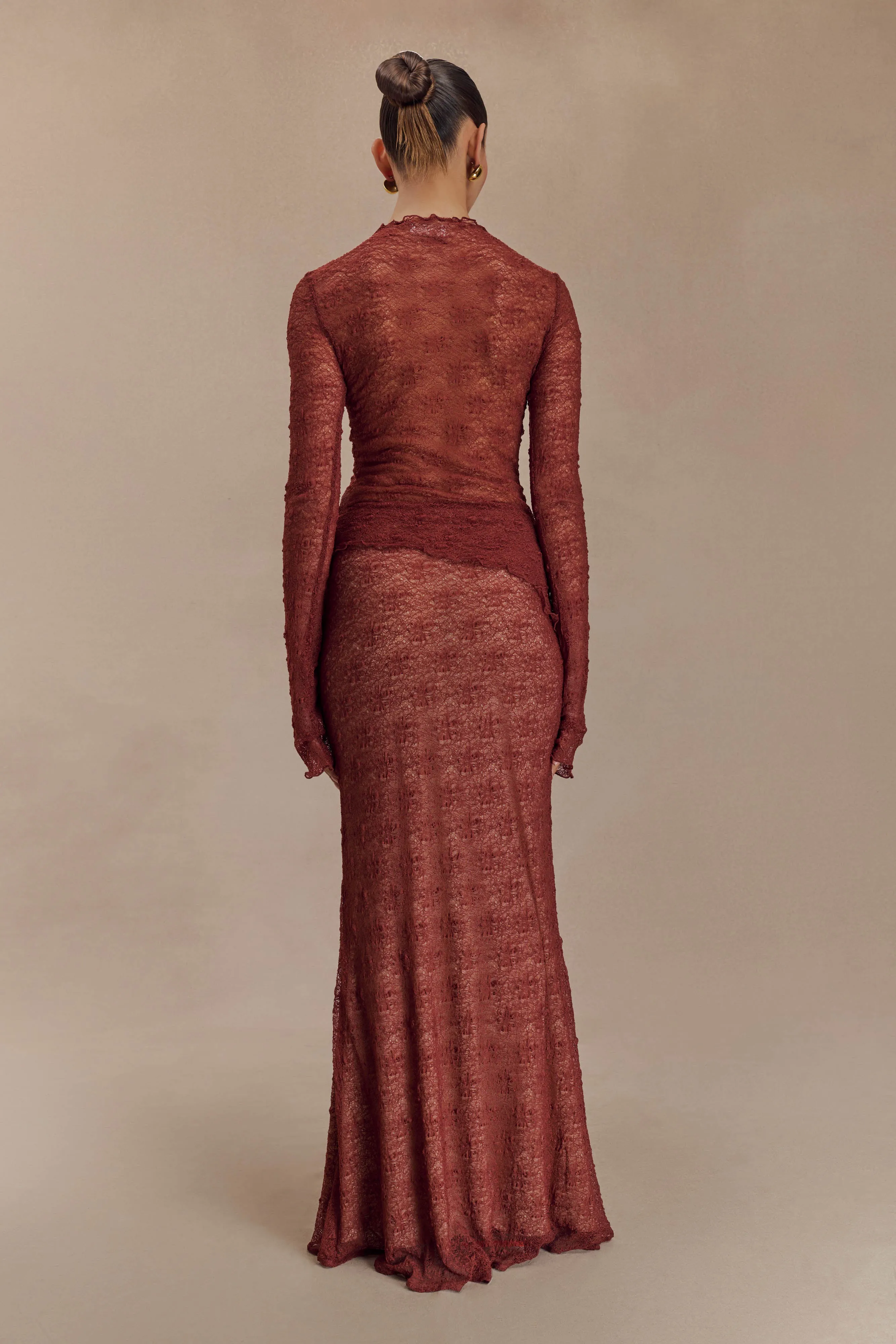 Robyn Sheer Lace Maxi Skirt - Chilli sold by Meshki product image thumbnail 3
