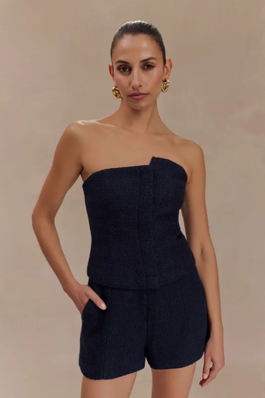 Parker Boucle Strapless Asymmetric Top - Midnight Blue made by Meshki