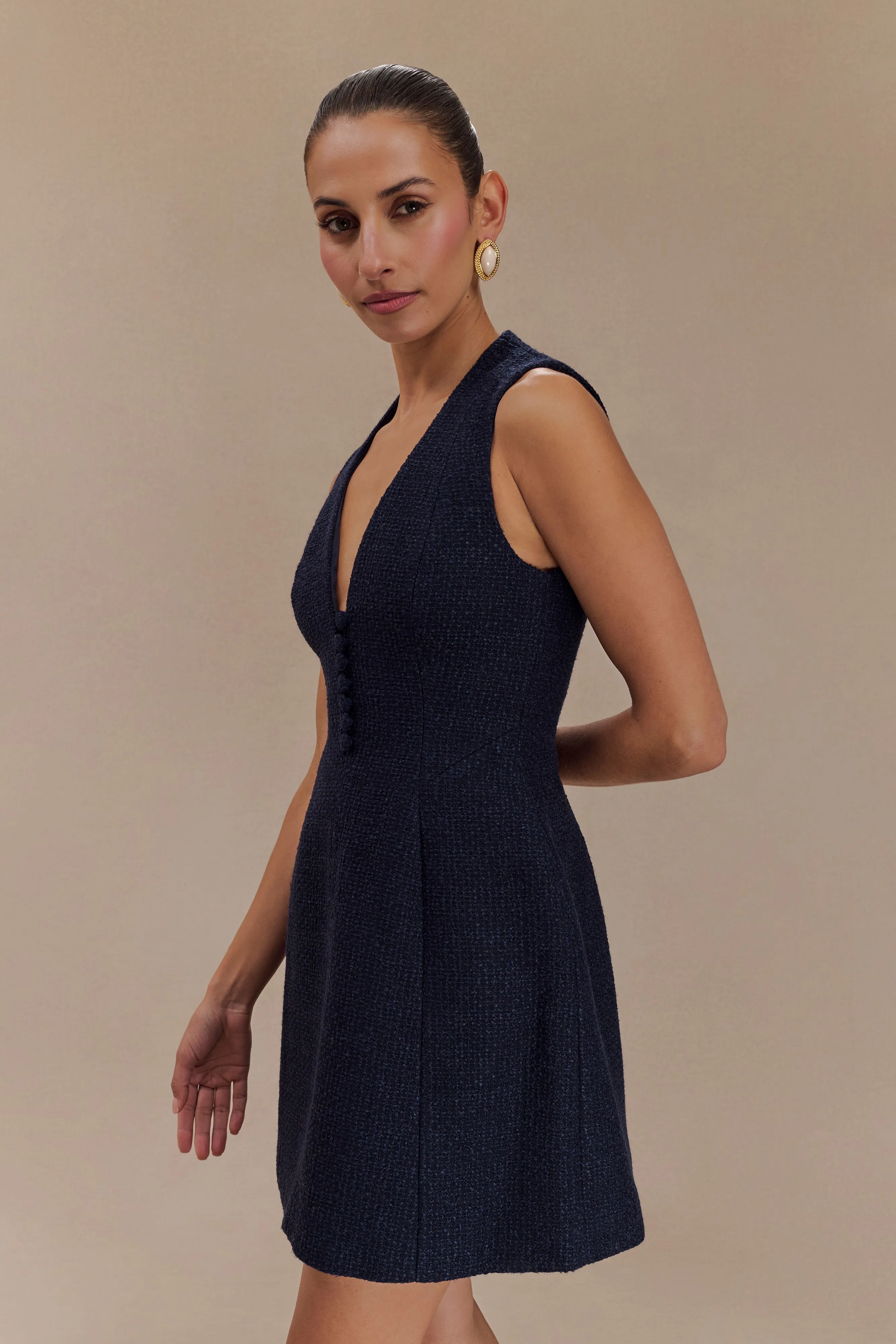 Danna Boucle Mini Dress With Pleats - Midnight Blue sold by Meshki product image thumbnail 4