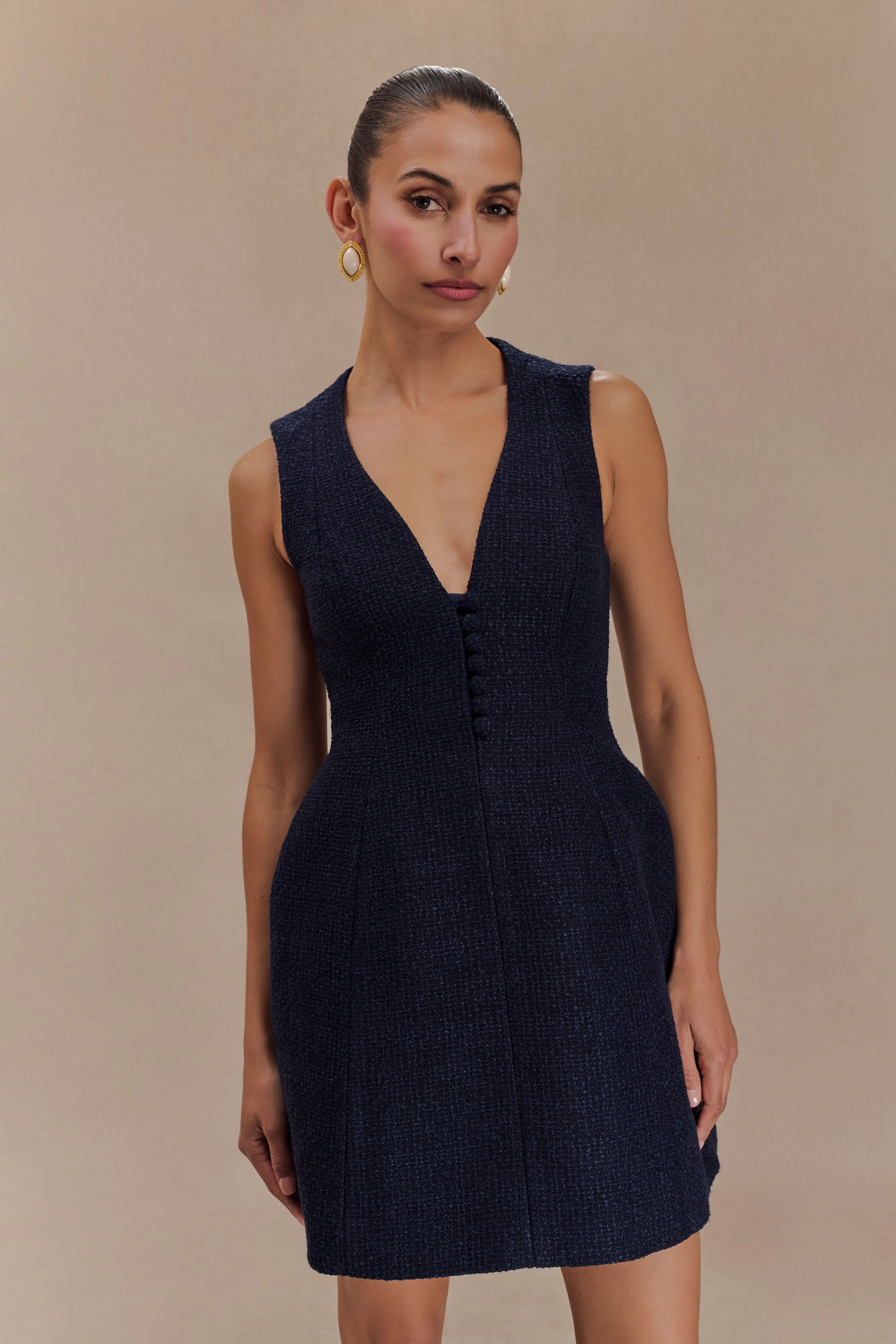 Danna Boucle Mini Dress With Pleats - Midnight Blue sold by Meshki