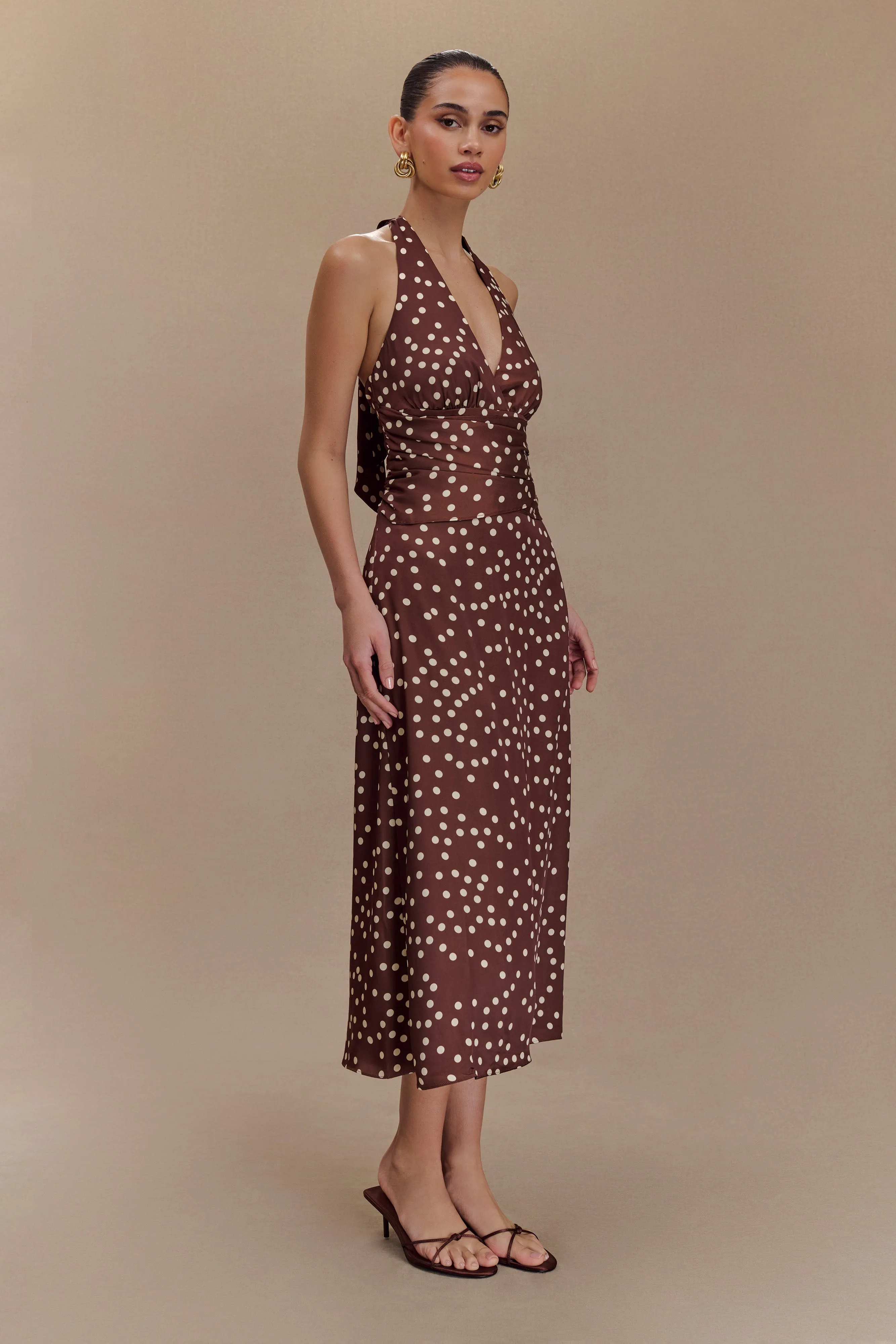 Marguerite Satin Halter Midi Dress - Brown Polka Dot Print sold by Meshki product image thumbnail 4