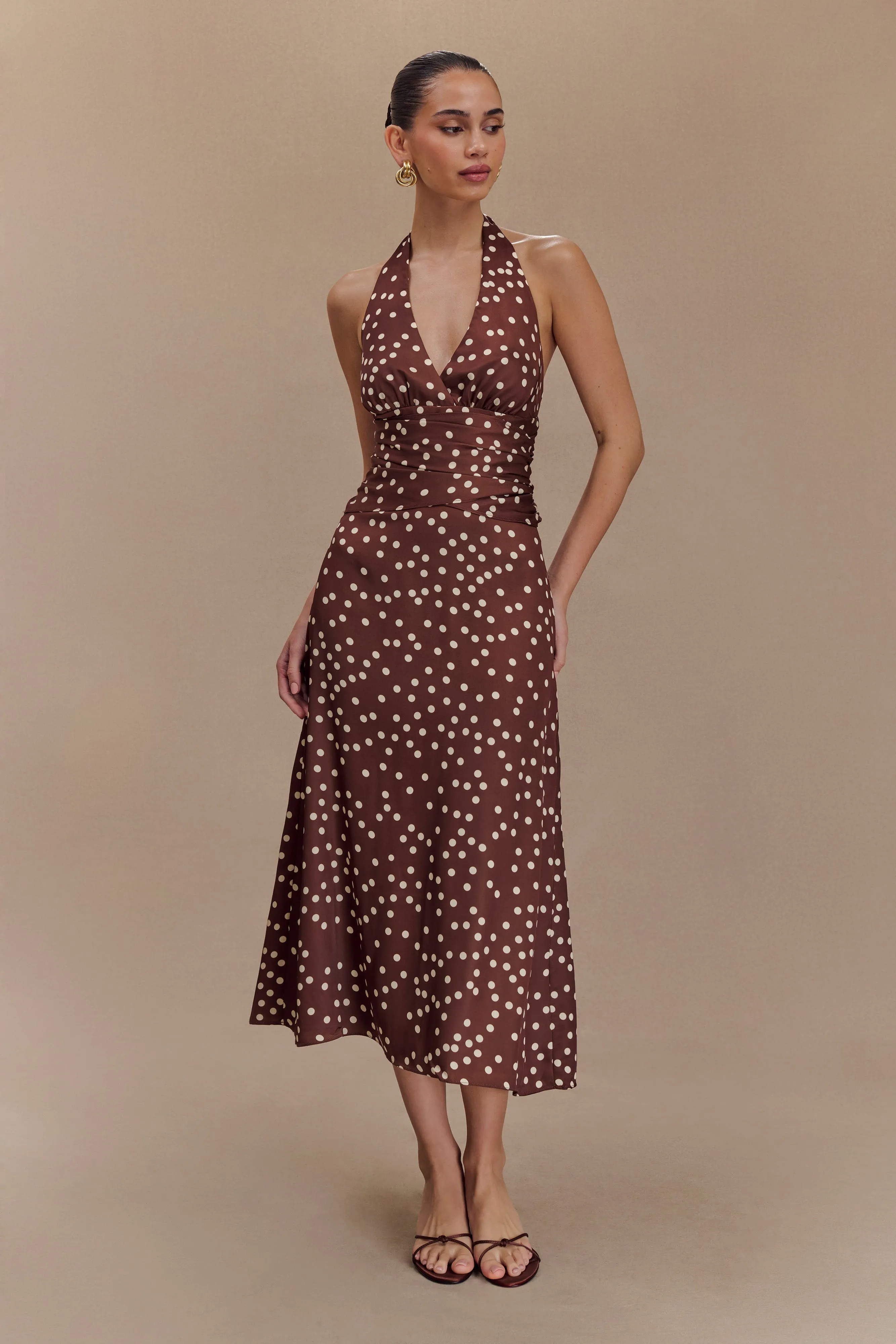 Marguerite Satin Halter Midi Dress - Brown Polka Dot Print sold by Meshki