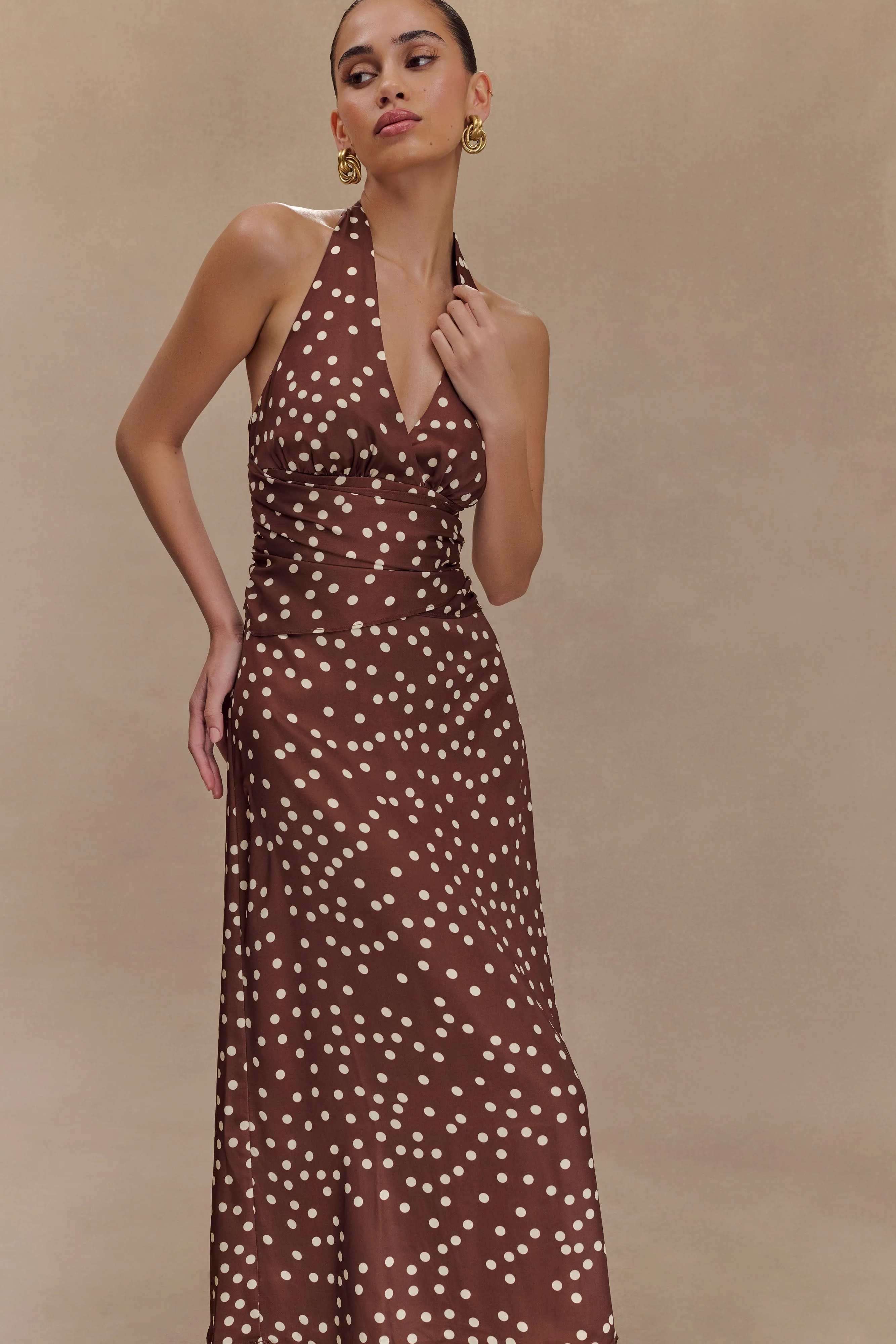 Marguerite Satin Halter Midi Dress - Brown Polka Dot Print sold by Meshki product image thumbnail 5