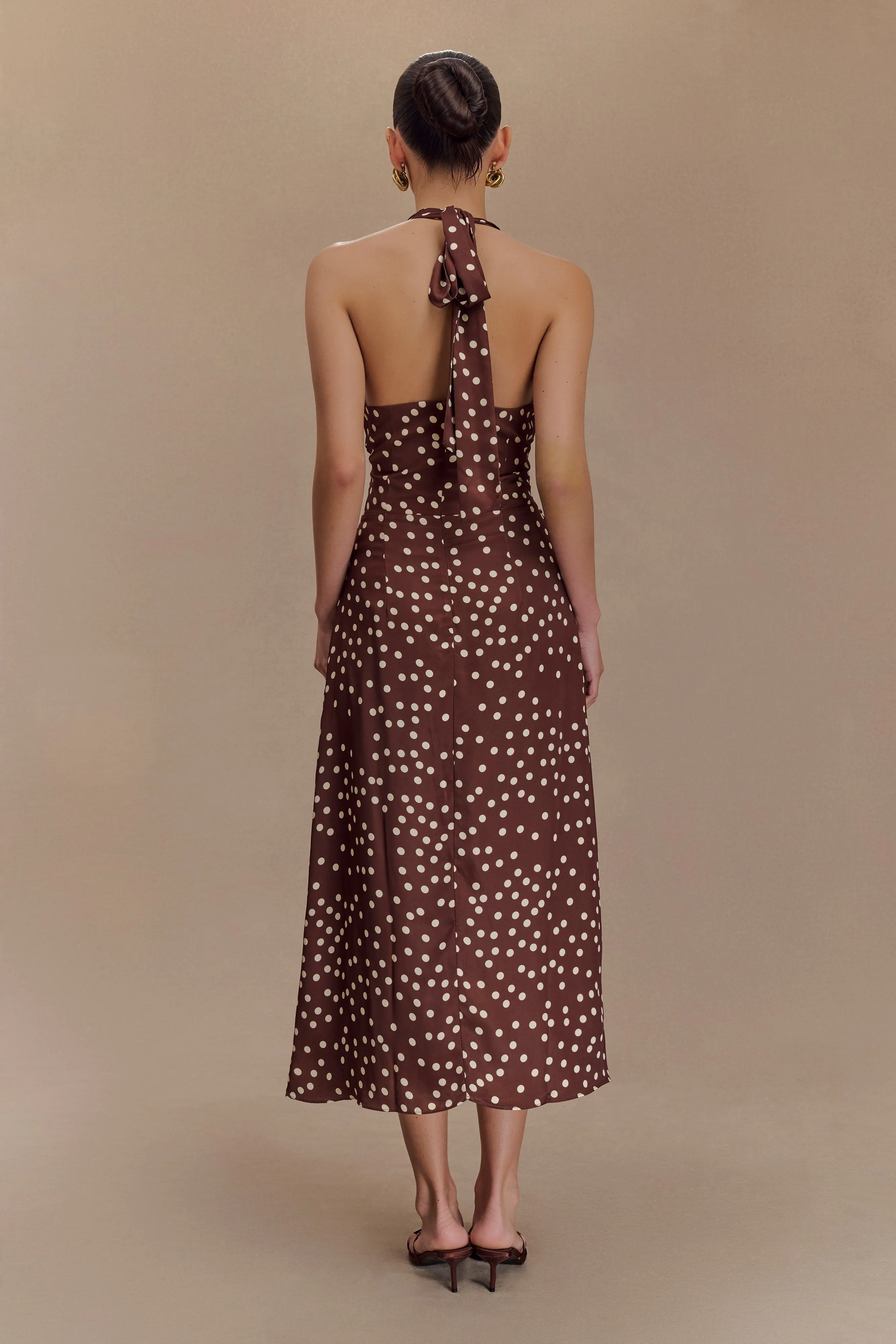 Marguerite Satin Halter Midi Dress - Brown Polka Dot Print sold by Meshki product image thumbnail 2