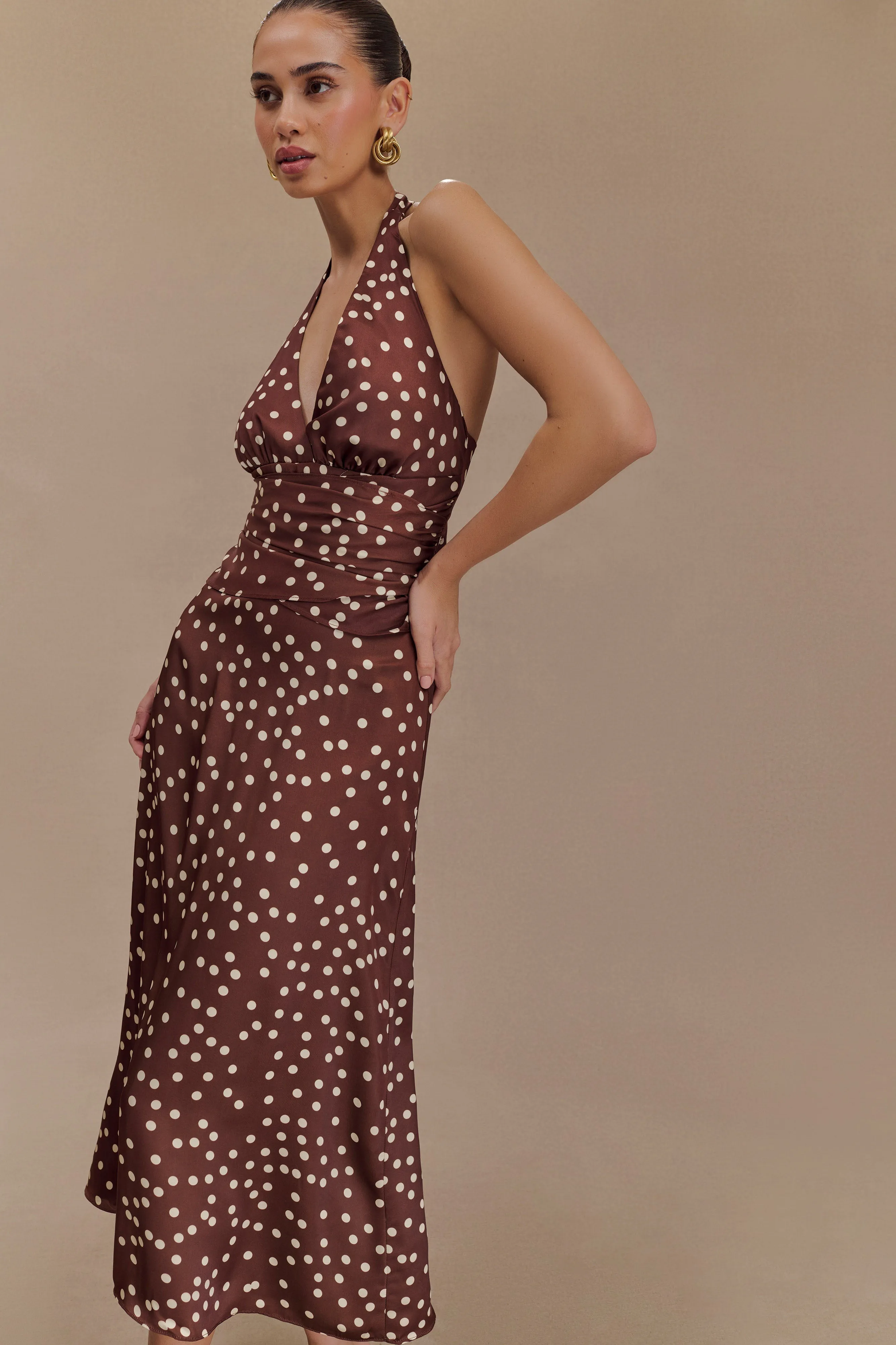 Marguerite Satin Halter Midi Dress - Brown Polka Dot Print sold by Meshki product image thumbnail 3