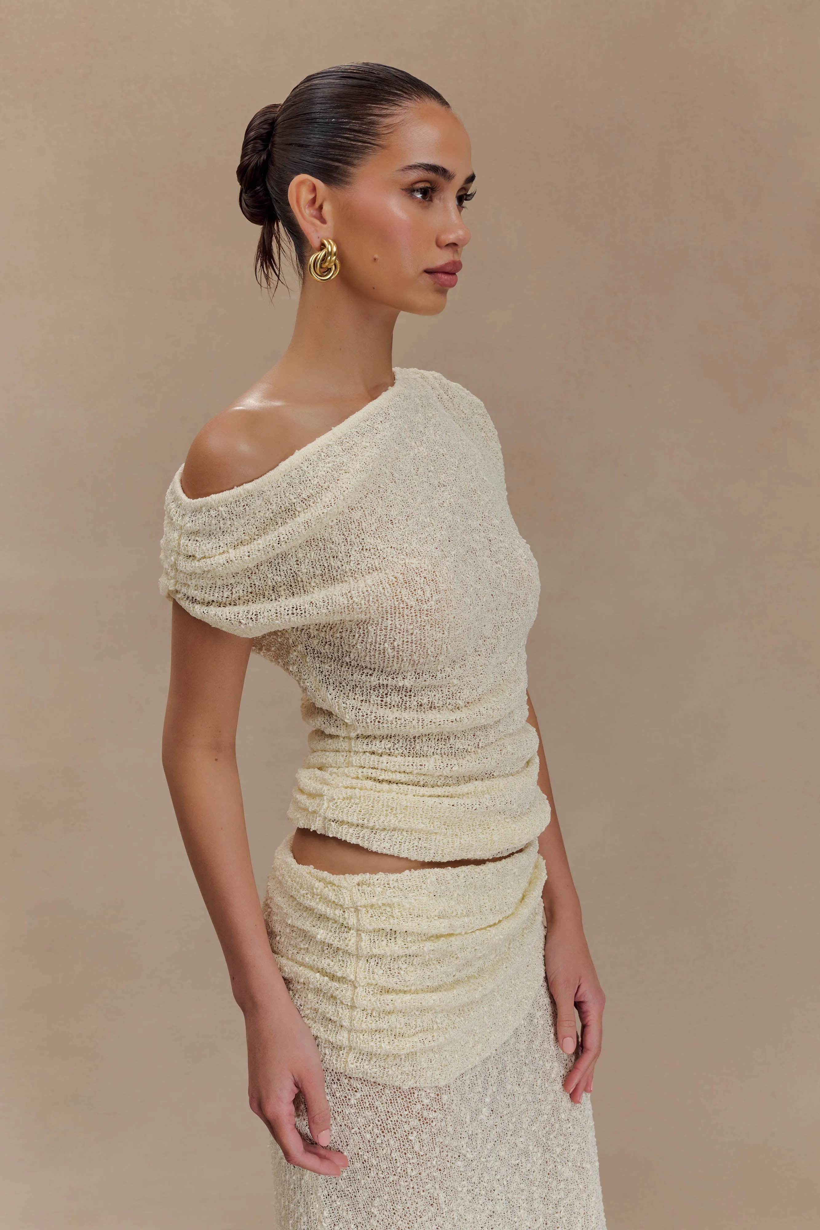 Chloe Off Shoulder Boucle Knit Top - Ivory sold by Meshki product image thumbnail 5