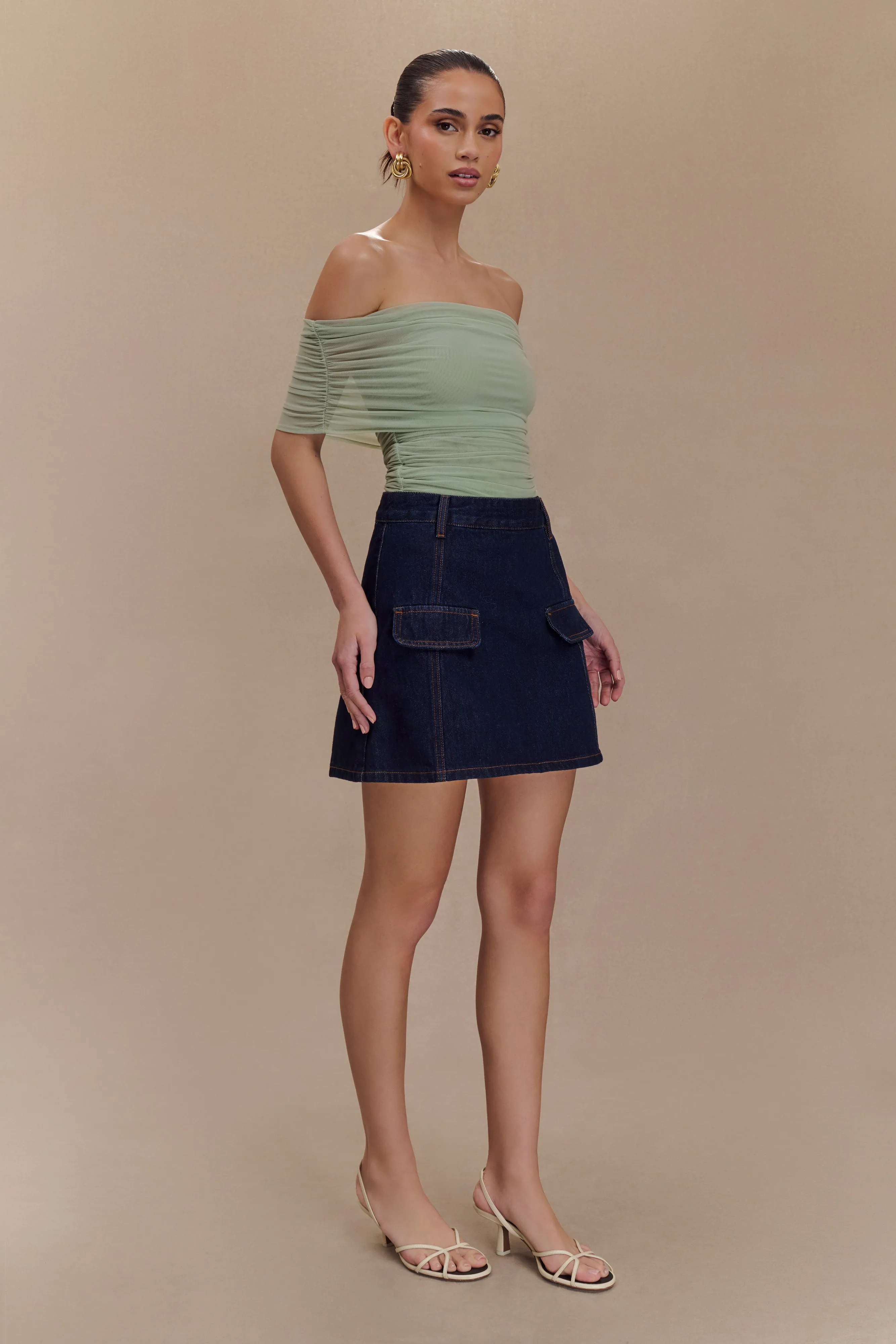 Arna Off Shoulder Mesh Crop Top - Basil sold by Meshki product image thumbnail 4