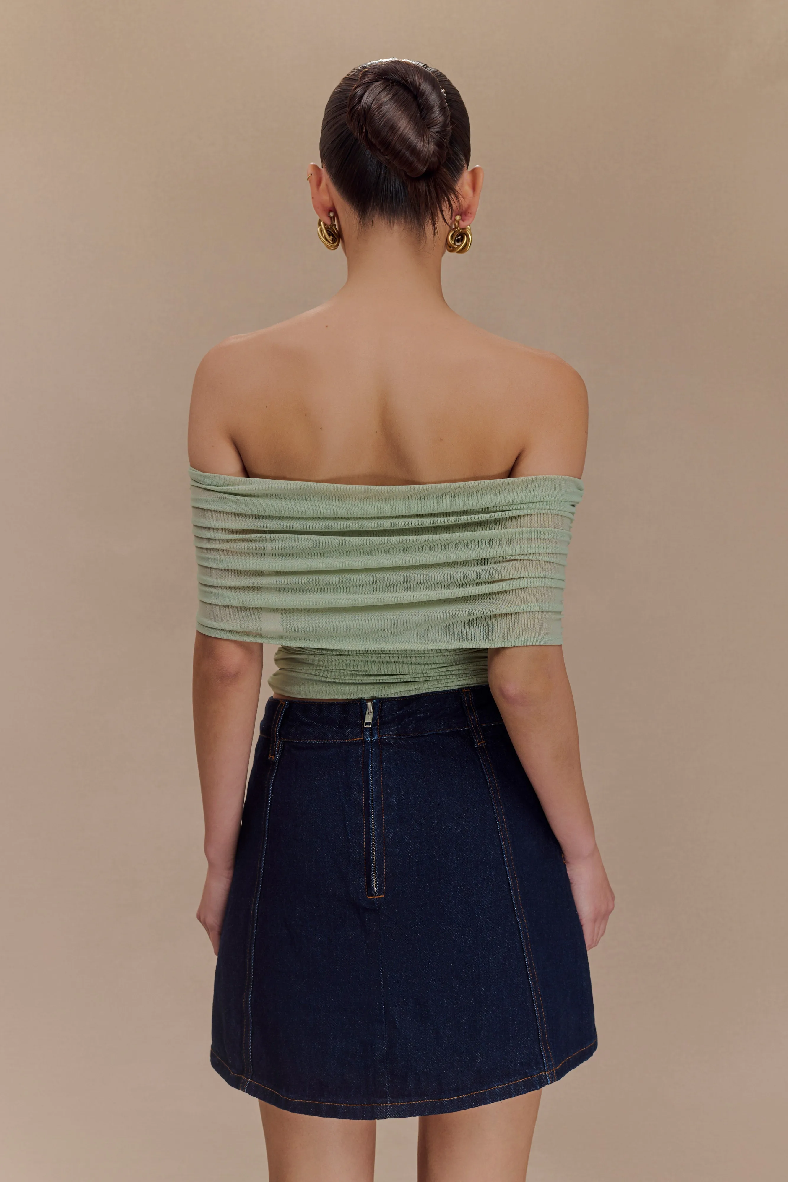 Arna Off Shoulder Mesh Crop Top - Basil sold by Meshki product image thumbnail 2