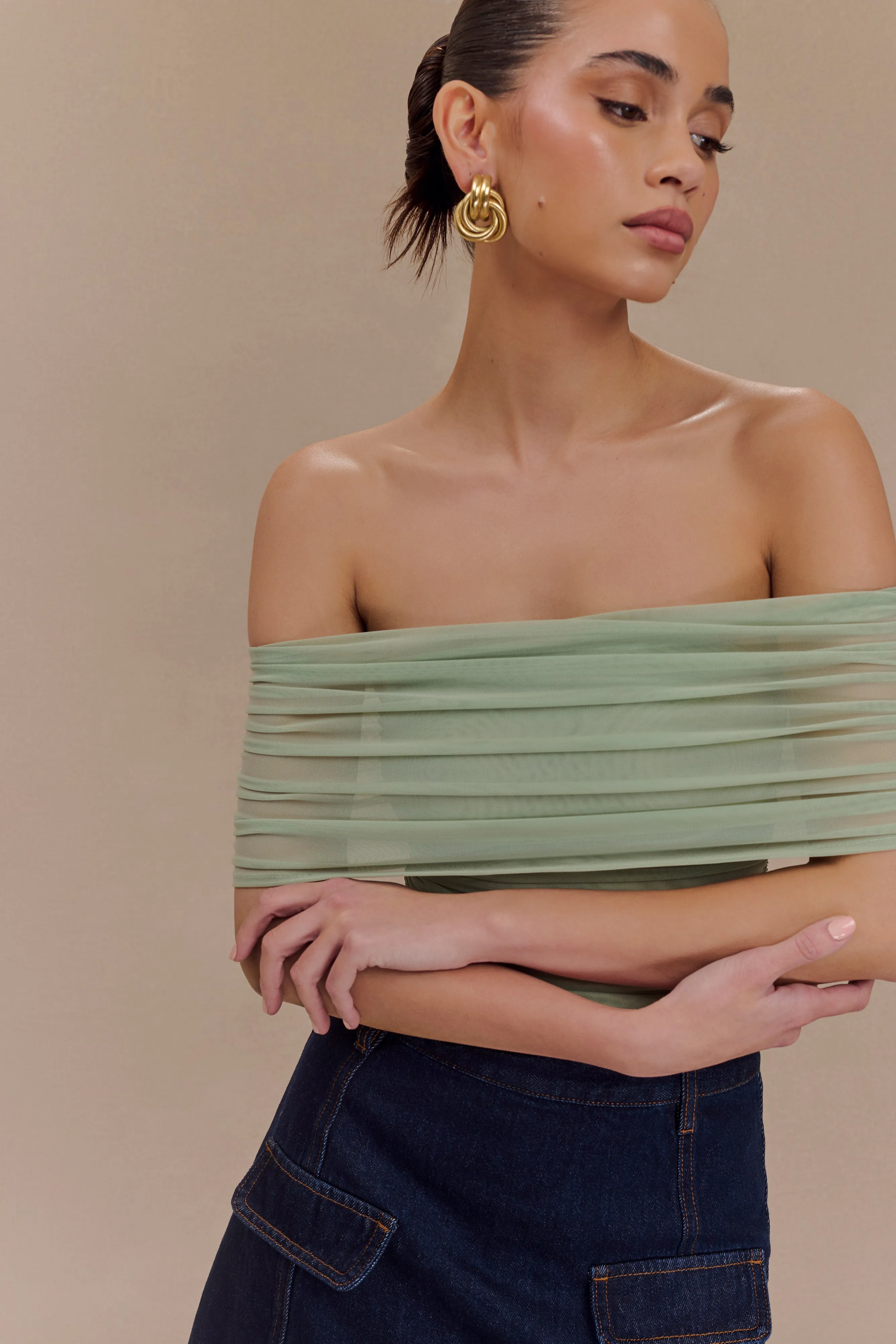 Arna Off Shoulder Mesh Crop Top - Basil sold by Meshki product image thumbnail 3